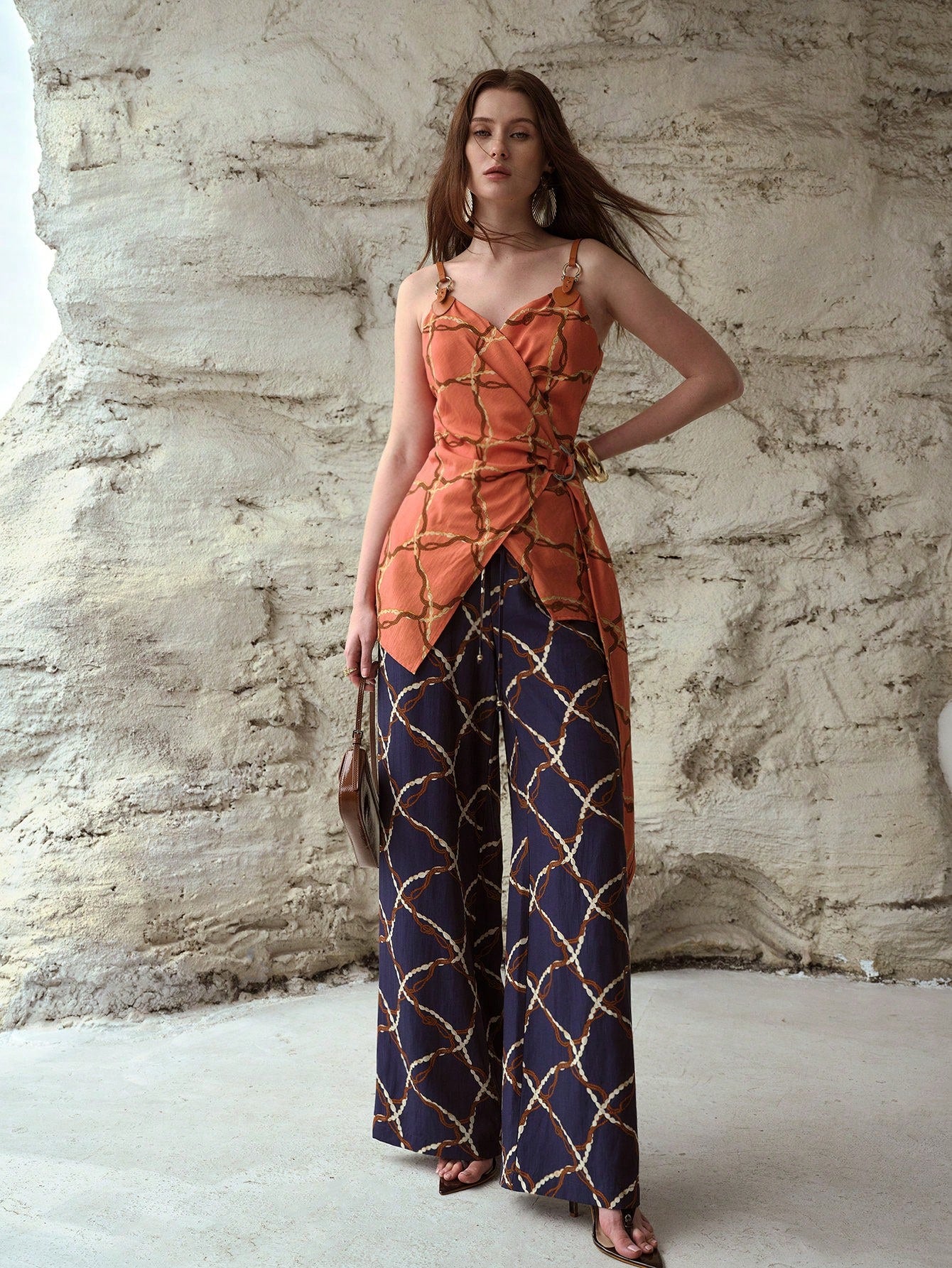 CM-BS163495 Women Elegant Seoul Style Linen All-Over Print Elastic Waist Straight-Leg Pants - Navy Blue