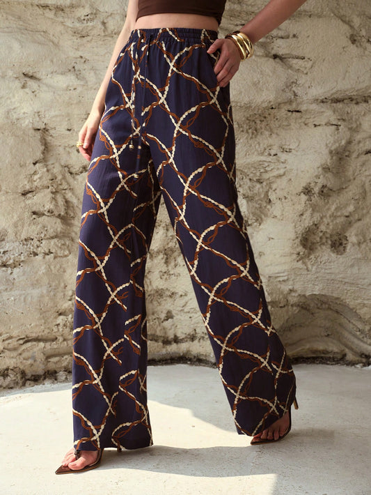 CM-BS163495 Women Elegant Seoul Style Linen All-Over Print Elastic Waist Straight-Leg Pants - Navy Blue