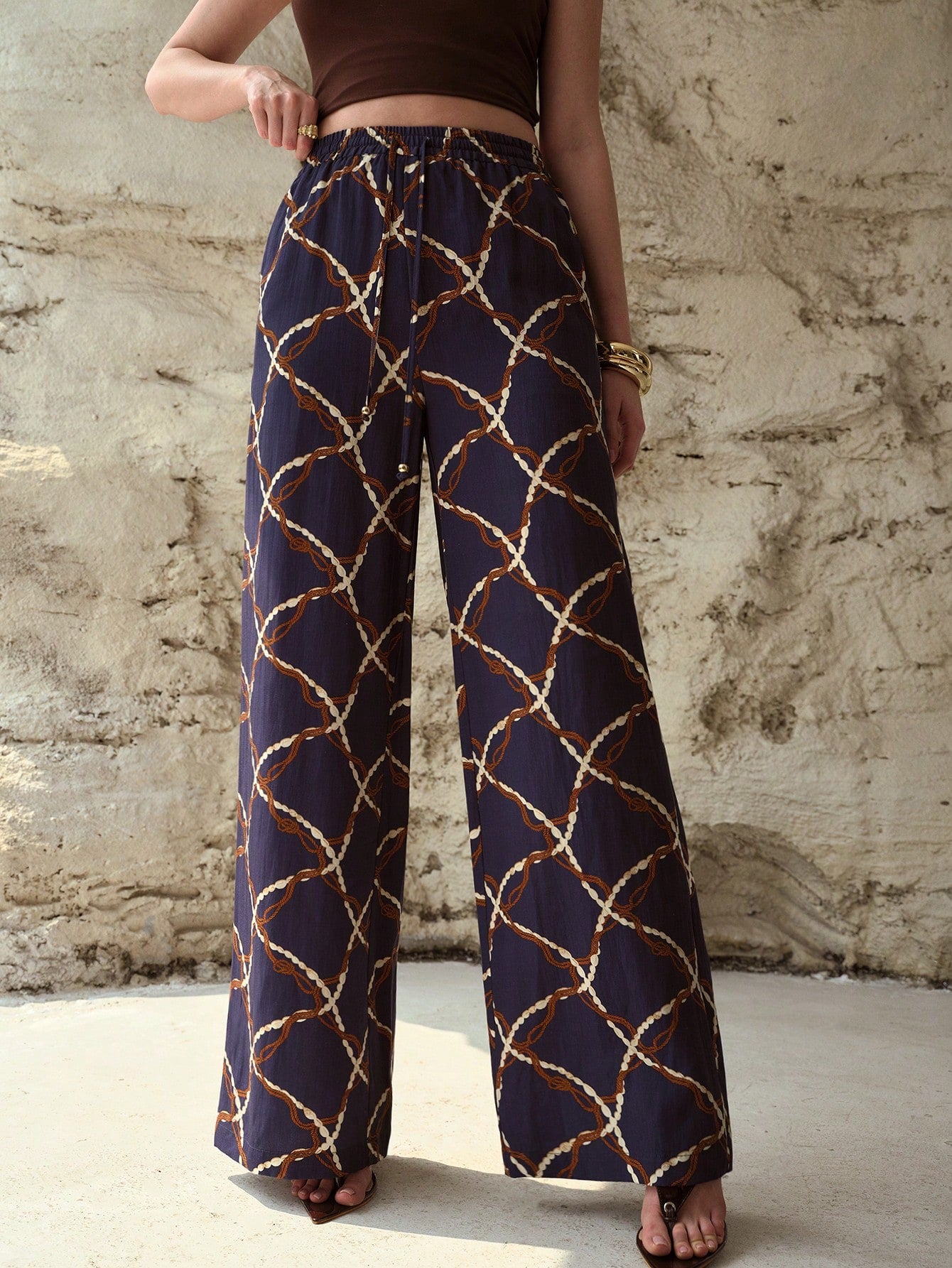 CM-BS163495 Women Elegant Seoul Style Linen All-Over Print Elastic Waist Straight-Leg Pants - Navy Blue