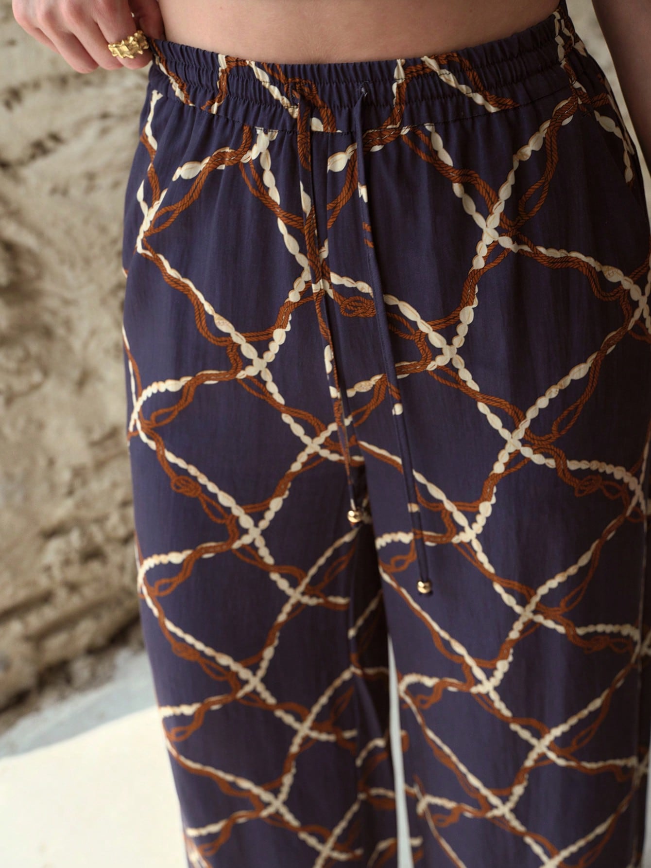 CM-BS163495 Women Elegant Seoul Style Linen All-Over Print Elastic Waist Straight-Leg Pants - Navy Blue