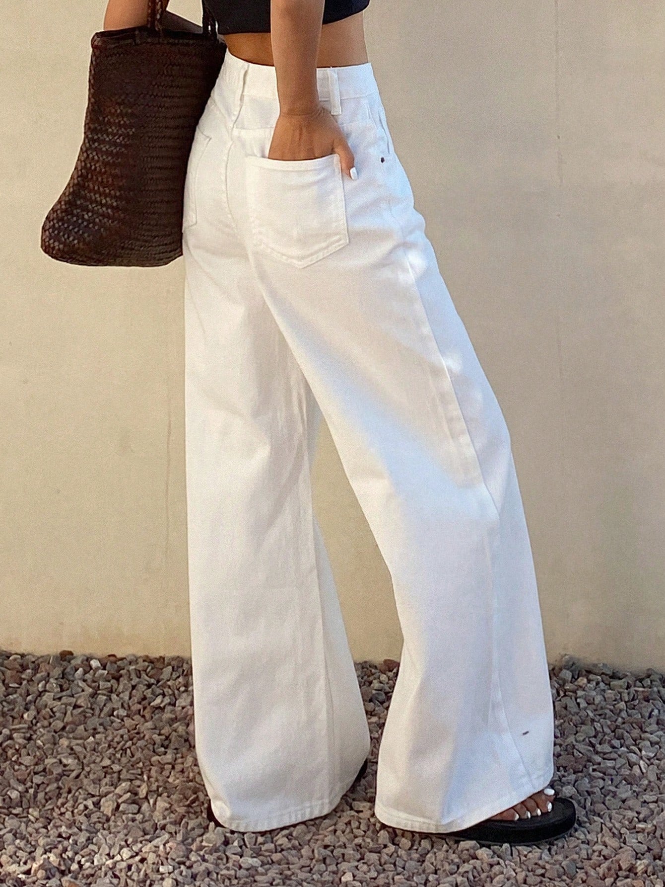 CM-BS483449 Women Casual Seoul Style Mid Waist Pocket Baggy Wide Leg Jeans - White