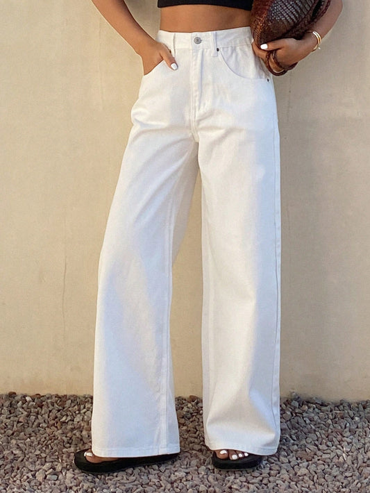 CM-BS483449 Women Casual Seoul Style Mid Waist Pocket Baggy Wide Leg Jeans - White