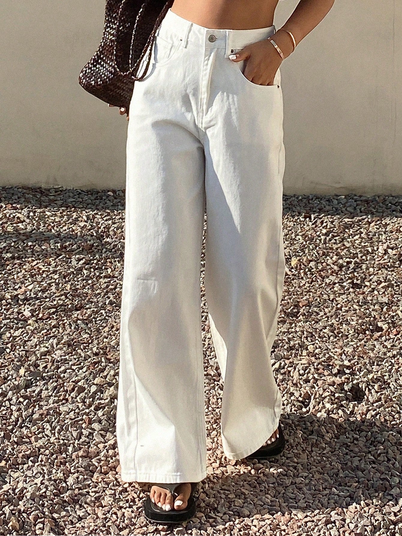 CM-BS483449 Women Casual Seoul Style Mid Waist Pocket Baggy Wide Leg Jeans - White