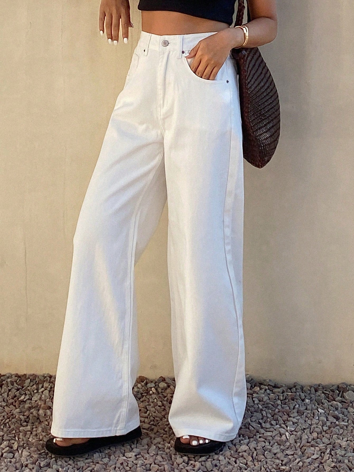 CM-BS483449 Women Casual Seoul Style Mid Waist Pocket Baggy Wide Leg Jeans - White