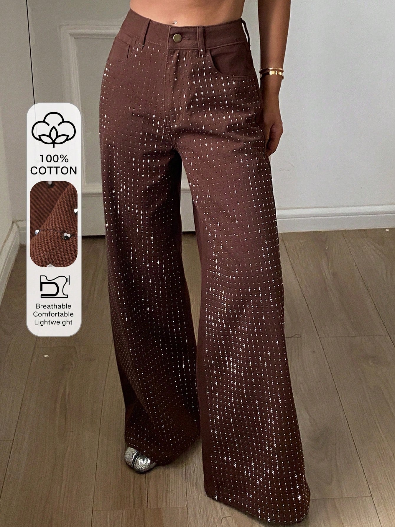 CM-BS597761 Women Casual Seoul Style Mid Waist Rhinestone Embellished Loose Straight Leg Jeans - Brown