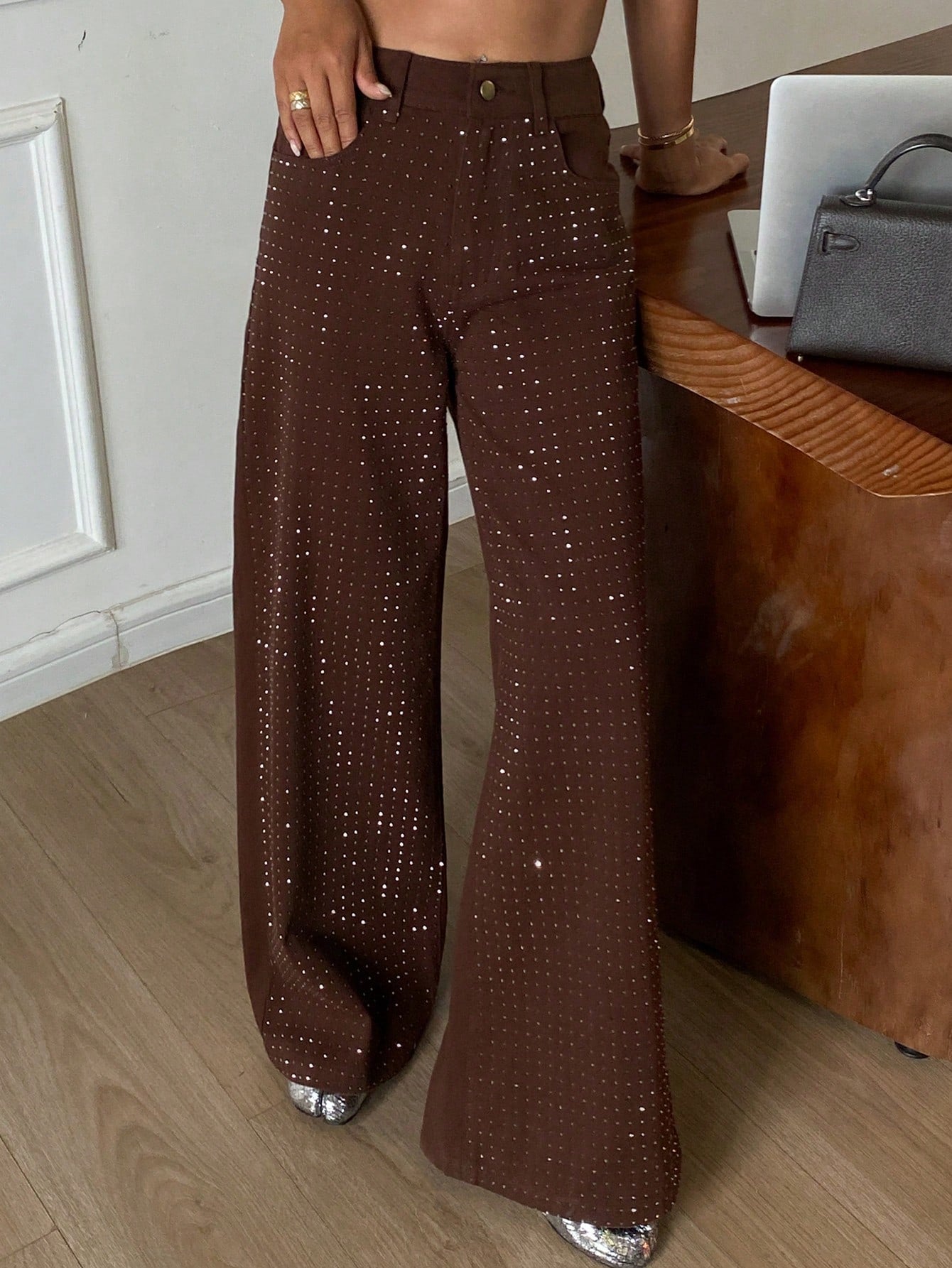 CM-BS597761 Women Casual Seoul Style Mid Waist Rhinestone Embellished Loose Straight Leg Jeans - Brown