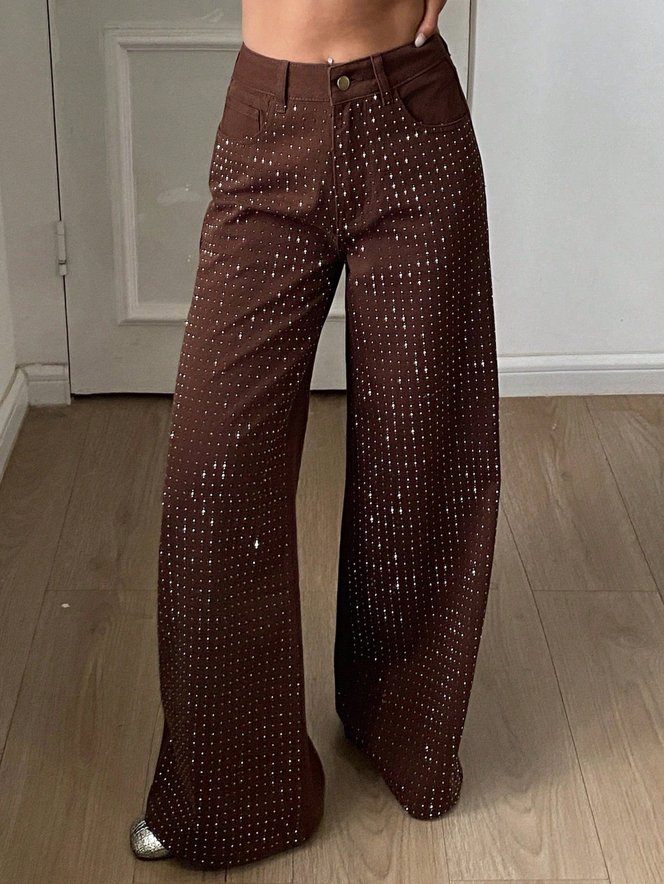 CM-BS597761 Women Casual Seoul Style Mid Waist Rhinestone Embellished Loose Straight Leg Jeans - Brown