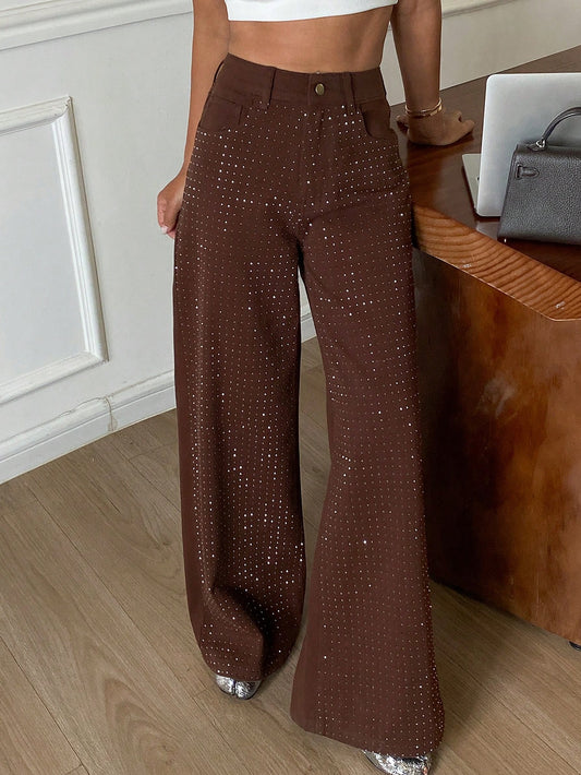 CM-BS597761 Women Casual Seoul Style Mid Waist Rhinestone Embellished Loose Straight Leg Jeans - Brown