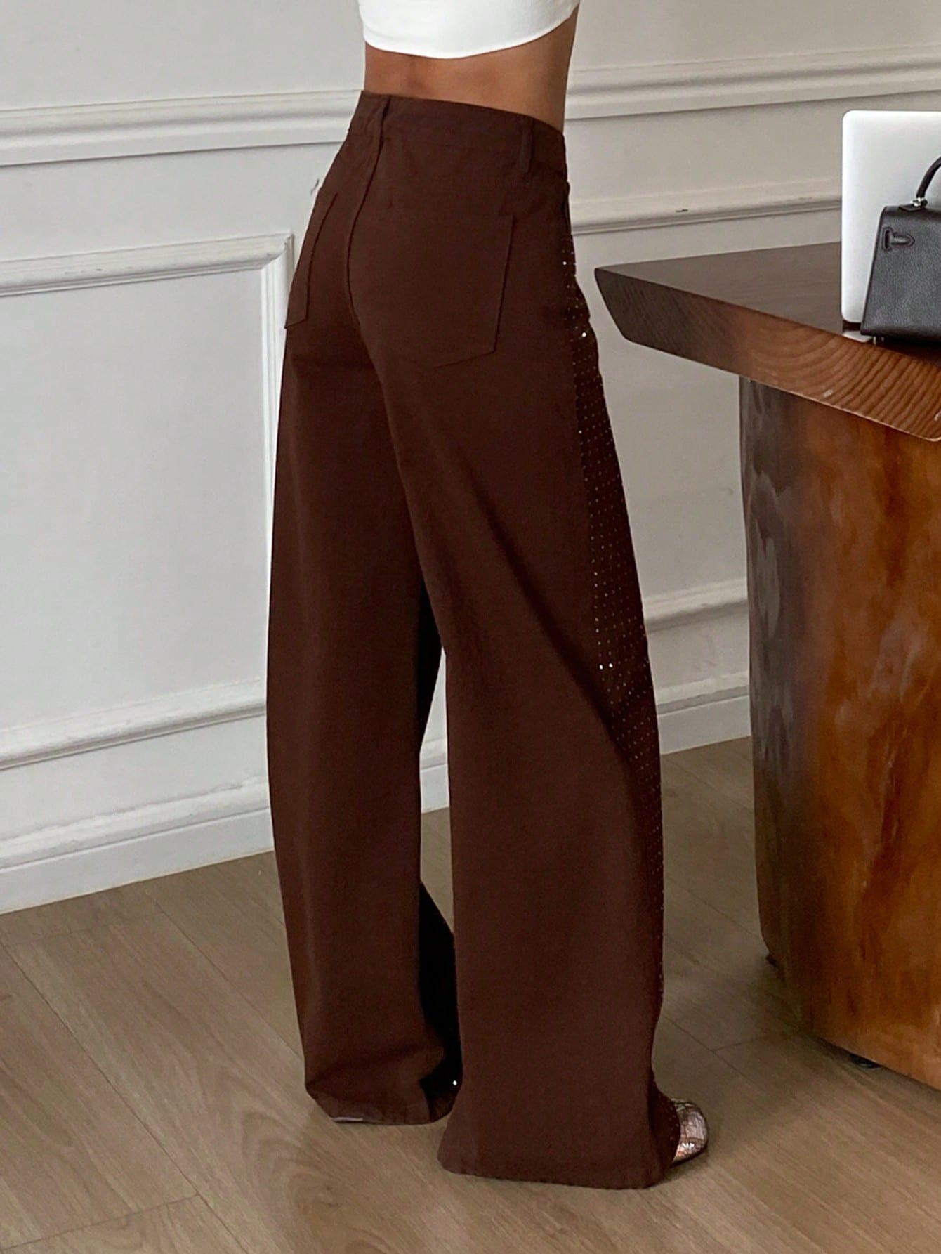 CM-BS597761 Women Casual Seoul Style Mid Waist Rhinestone Embellished Loose Straight Leg Jeans - Brown