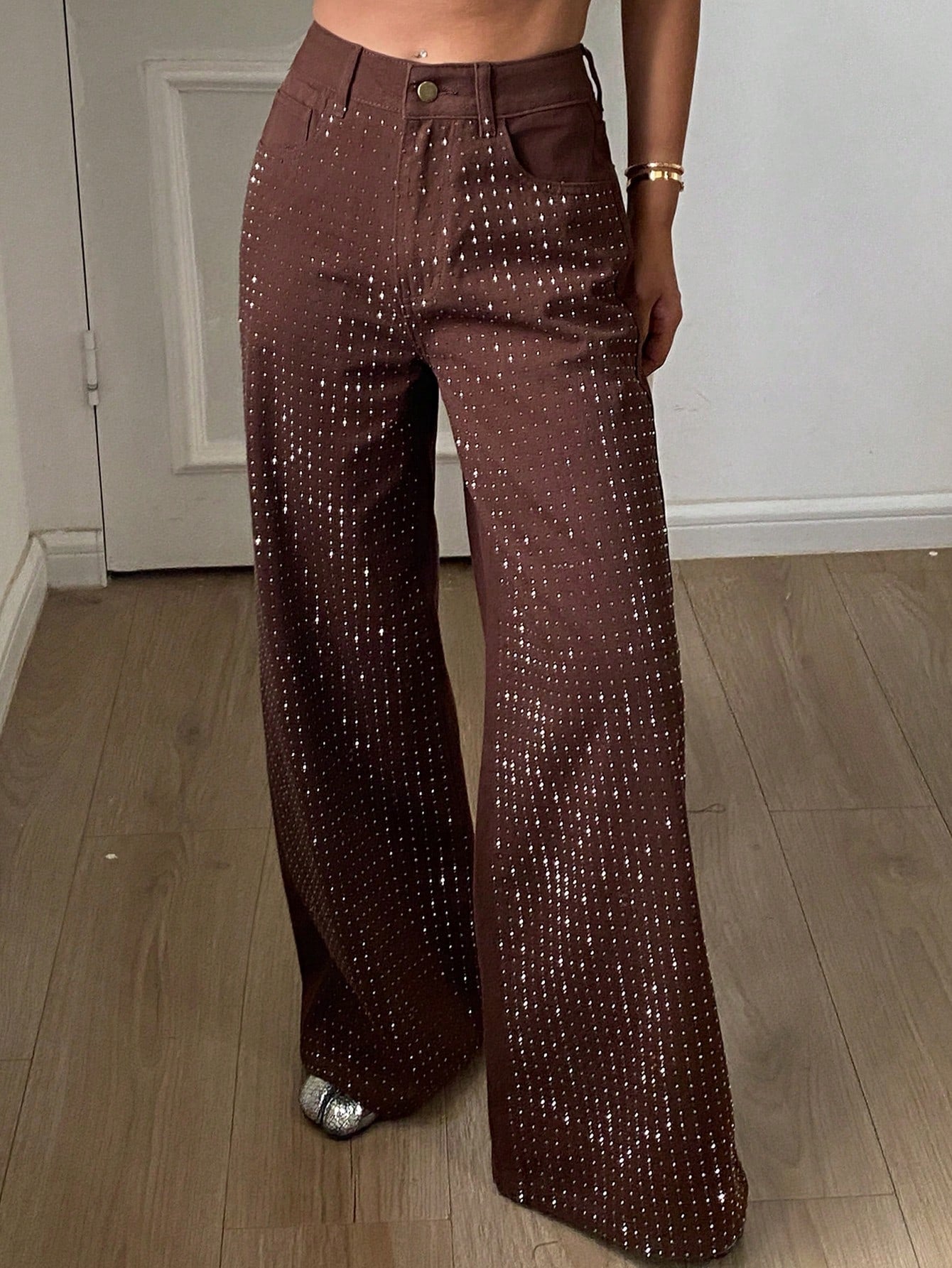 CM-BS597761 Women Casual Seoul Style Mid Waist Rhinestone Embellished Loose Straight Leg Jeans - Brown