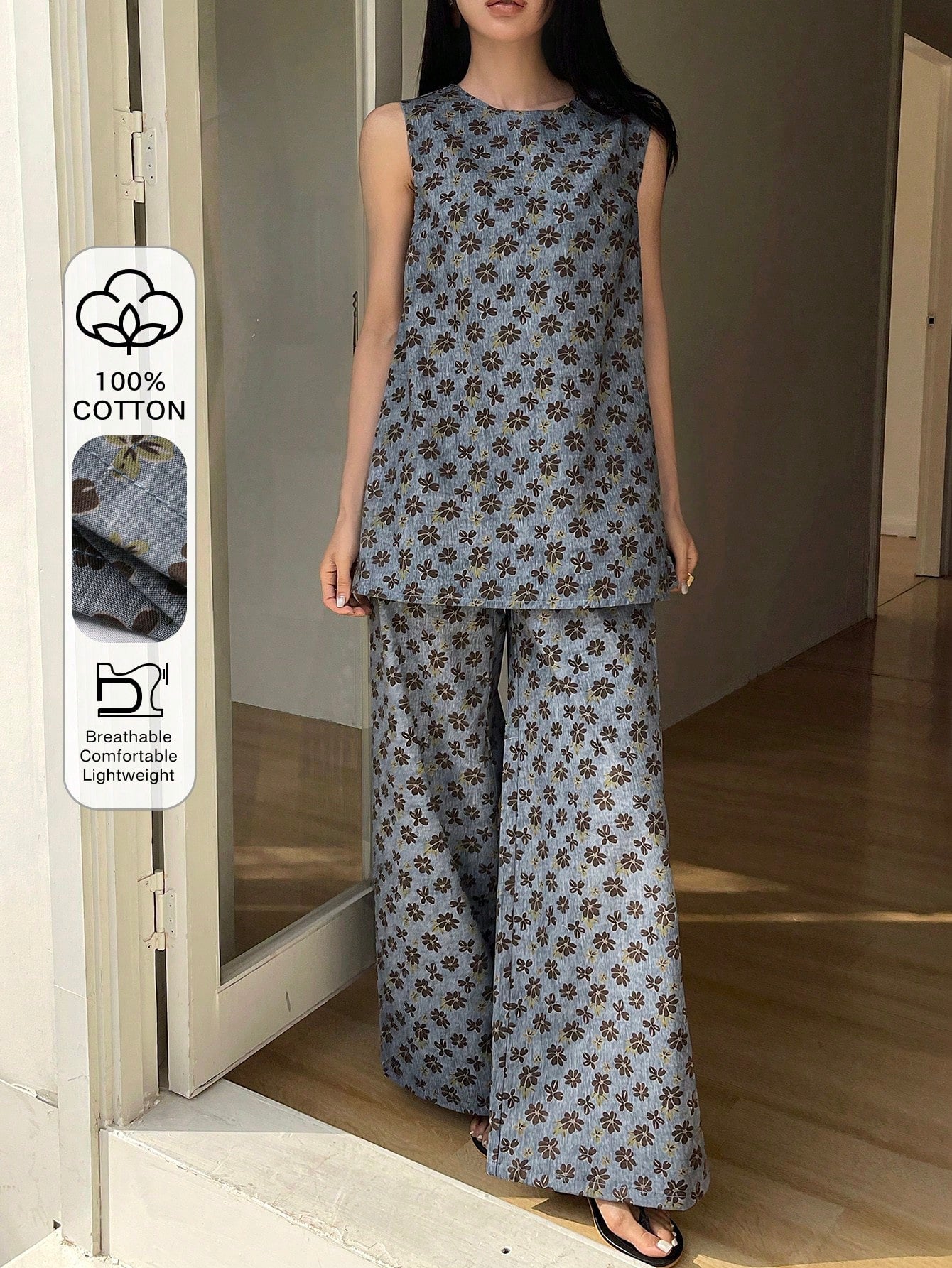 CM-SS113464 Women Casual Seoul Style Allover Print Round Neck Sleeveless Denim Tank Top With Long Pants - Set