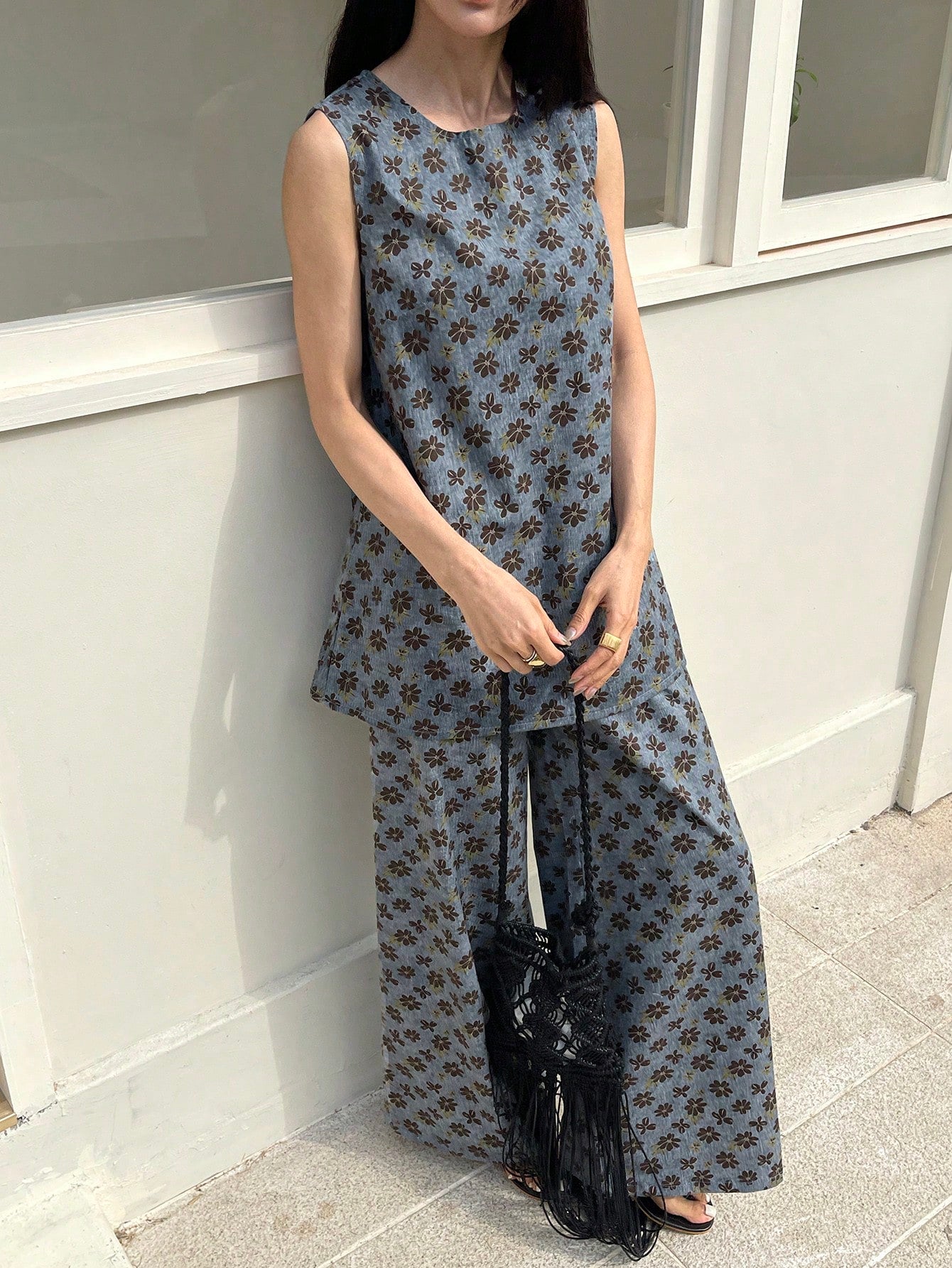 CM-SS113464 Women Casual Seoul Style Allover Print Round Neck Sleeveless Denim Tank Top With Long Pants - Set