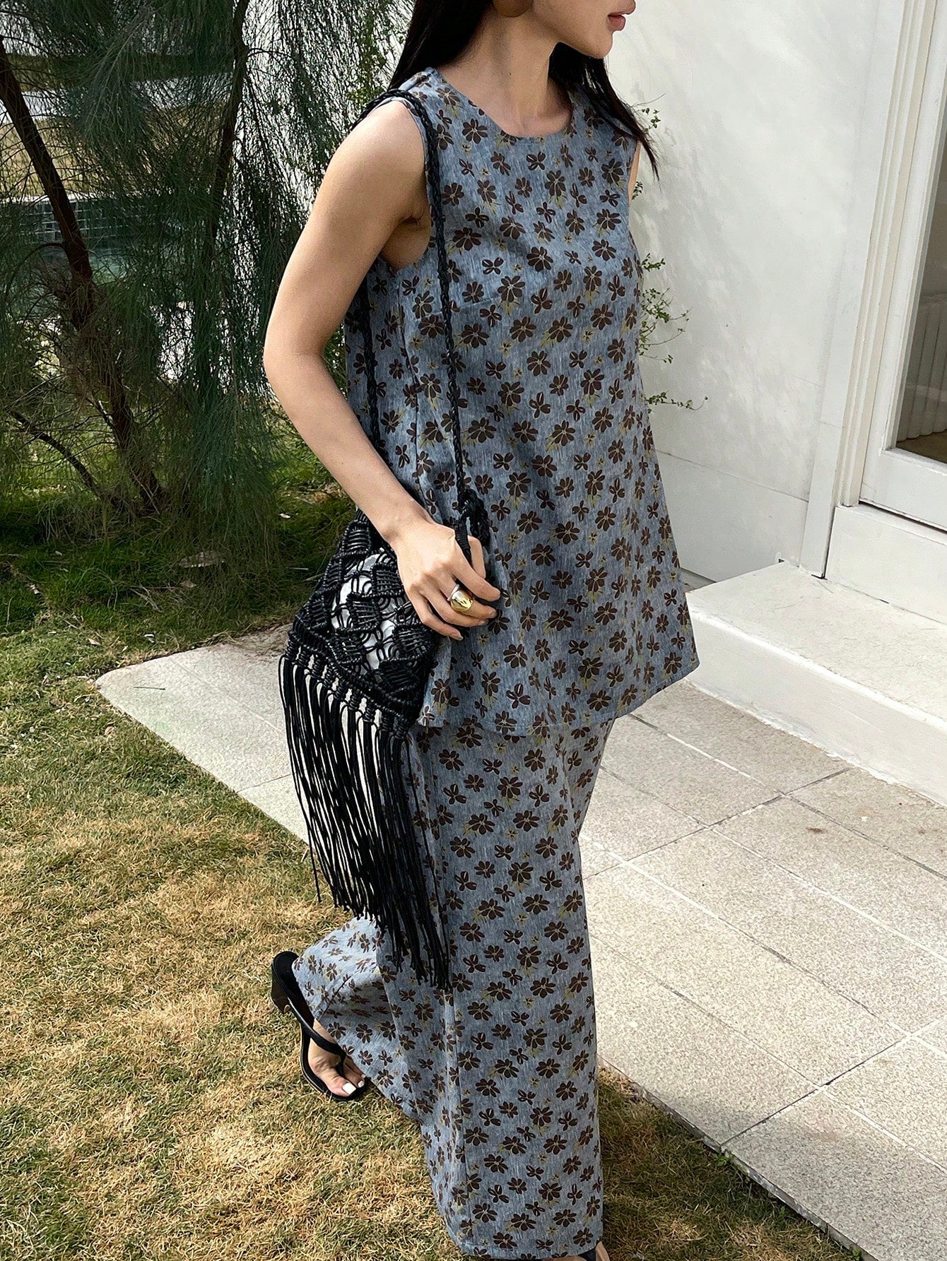 CM-SS113464 Women Casual Seoul Style Allover Print Round Neck Sleeveless Denim Tank Top With Long Pants - Set