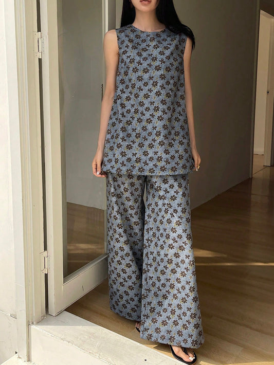 CM-SS113464 Women Casual Seoul Style Allover Print Round Neck Sleeveless Denim Tank Top With Long Pants - Set