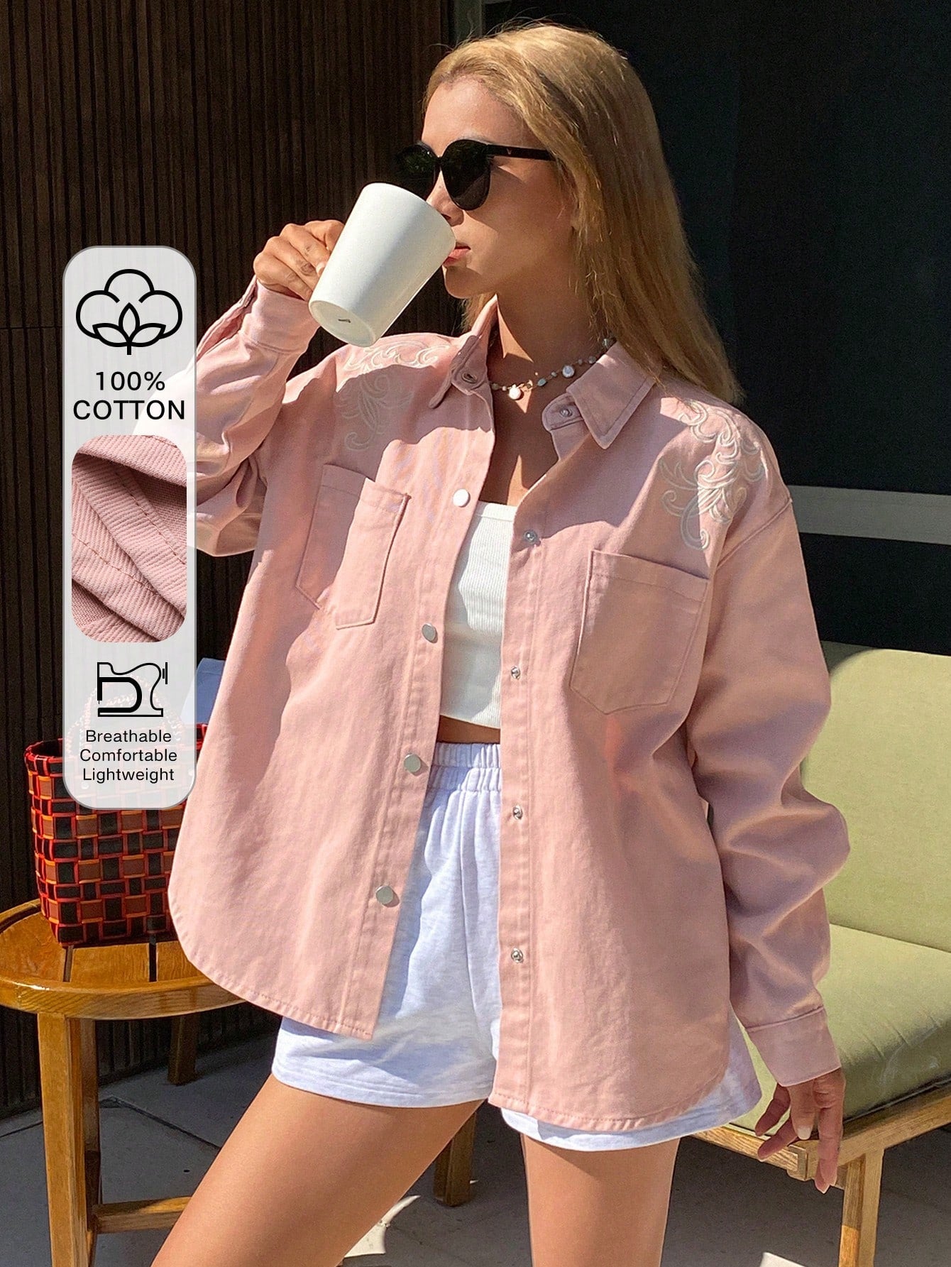CM-CS685033 Women Casual Seoul Style Turndown Collar Long Sleeve Loose Embroidery Decor Denim Jacket