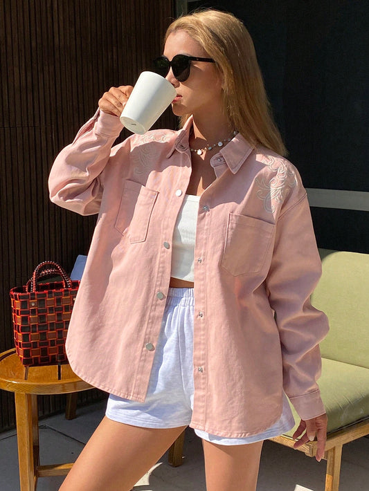CM-CS685033 Women Casual Seoul Style Turndown Collar Long Sleeve Loose Embroidery Decor Denim Jacket