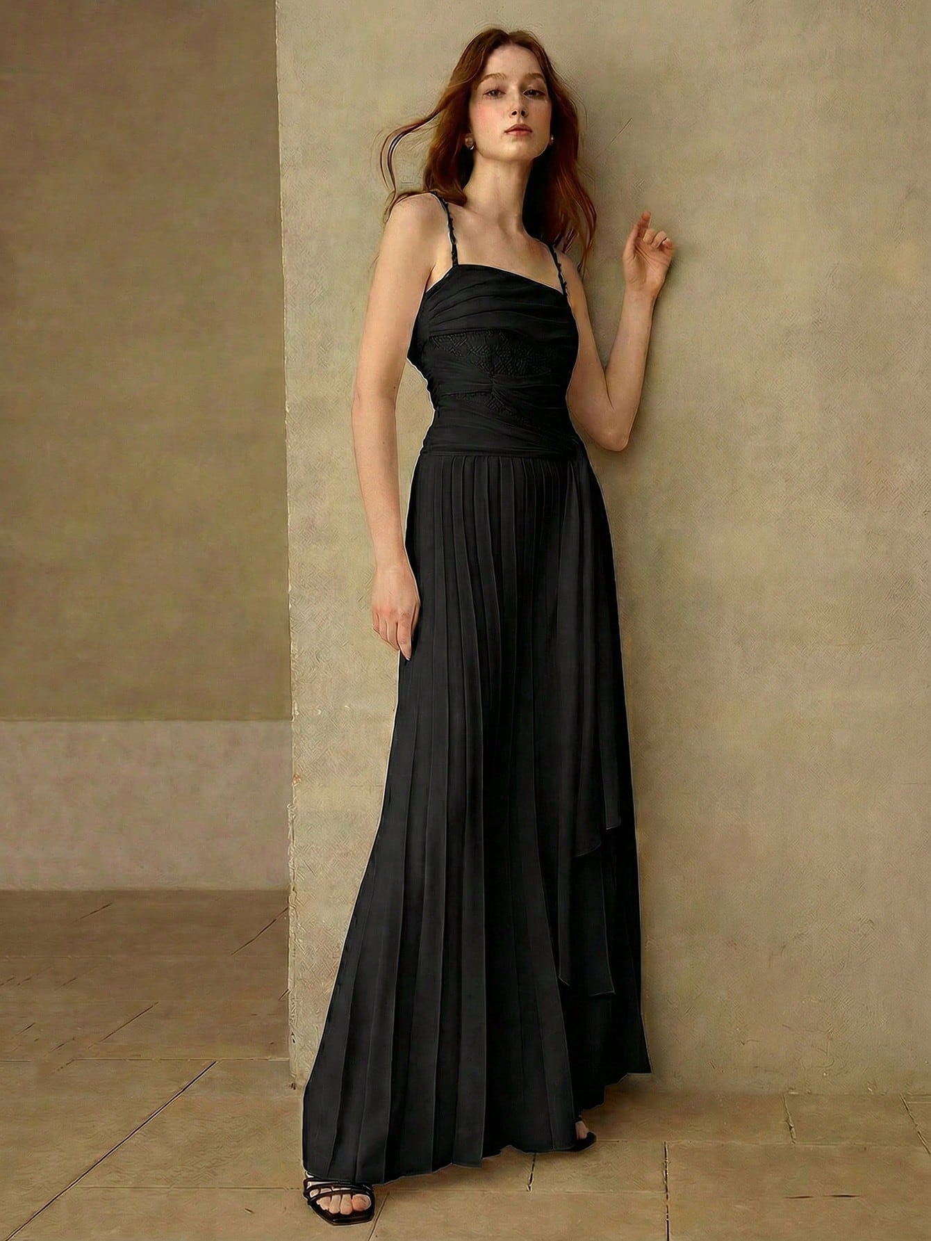 CM-JS297105 Women Elegant Seoul Style Contrats Delicate Lace Fold Pleated Flowy Tie Up Wide Leg Jumpsuit - Black