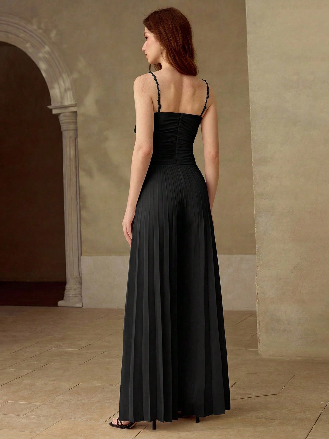 CM-JS297105 Women Elegant Seoul Style Contrats Delicate Lace Fold Pleated Flowy Tie Up Wide Leg Jumpsuit - Black