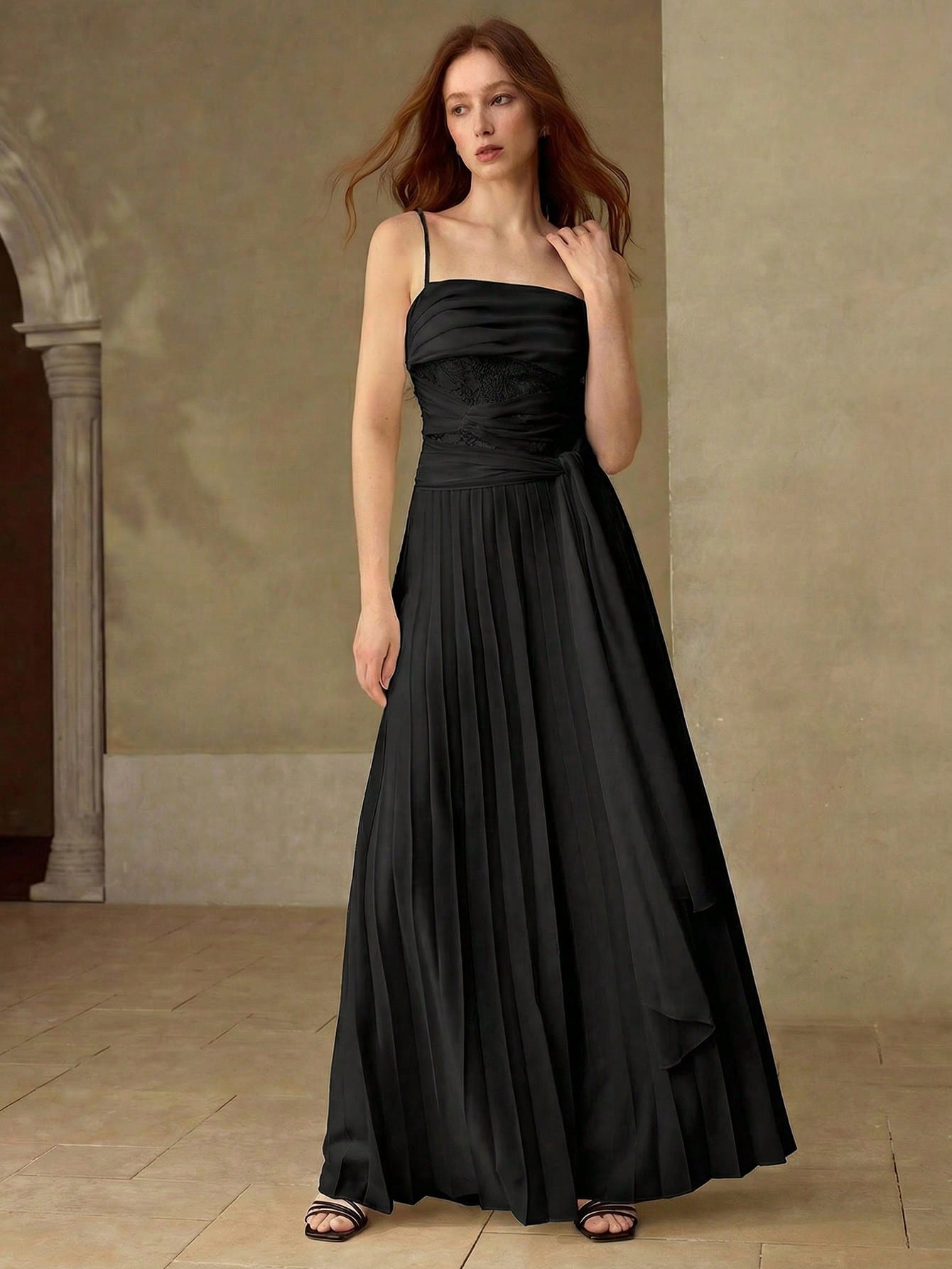 CM-JS297105 Women Elegant Seoul Style Contrats Delicate Lace Fold Pleated Flowy Tie Up Wide Leg Jumpsuit - Black