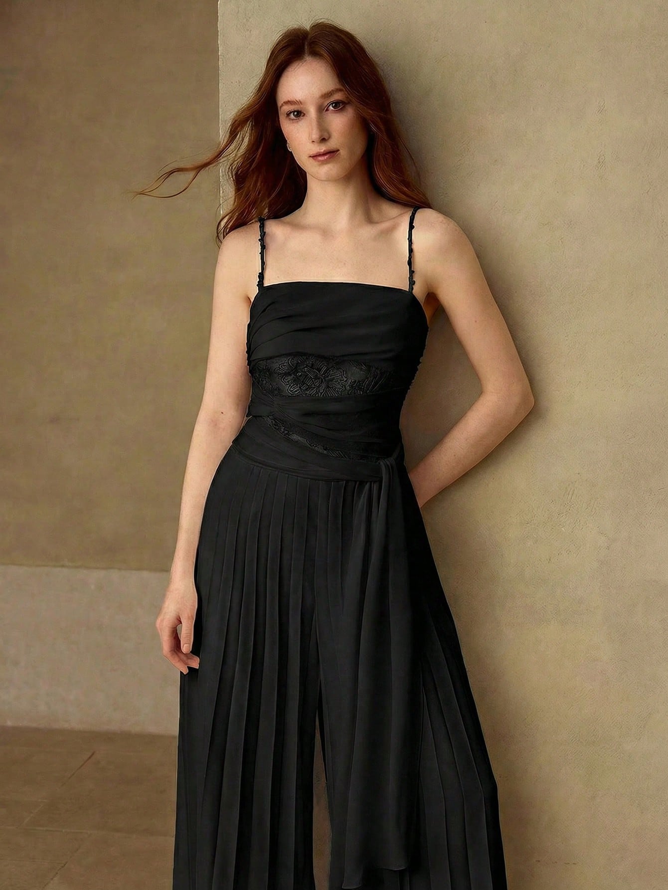 CM-JS297105 Women Elegant Seoul Style Contrats Delicate Lace Fold Pleated Flowy Tie Up Wide Leg Jumpsuit - Black