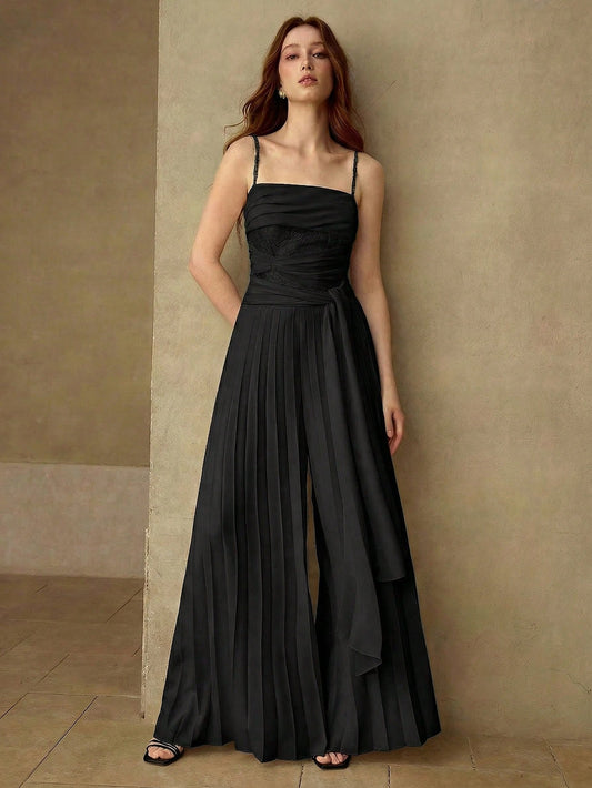 CM-JS297105 Women Elegant Seoul Style Contrats Delicate Lace Fold Pleated Flowy Tie Up Wide Leg Jumpsuit - Black