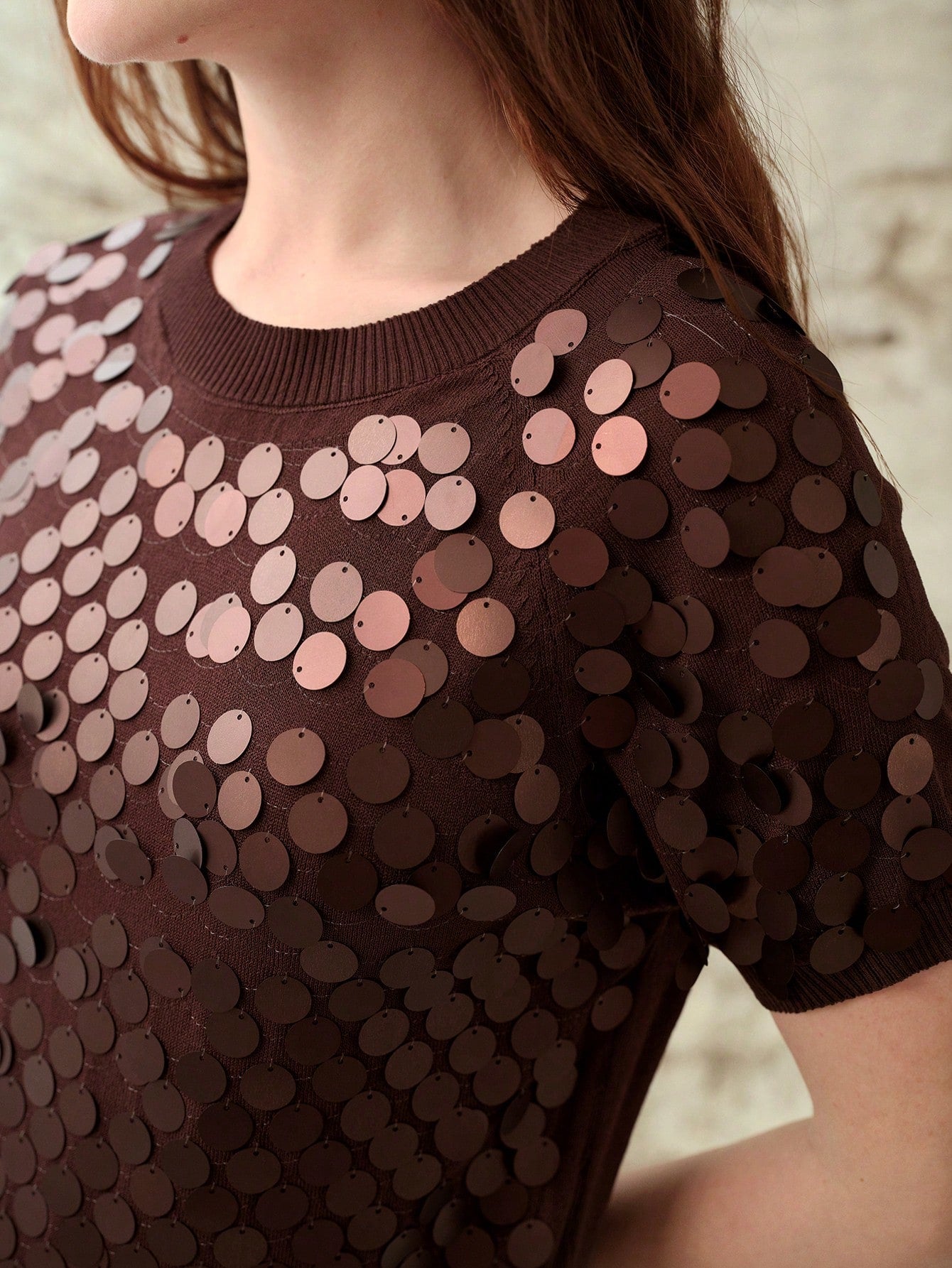 CM-TS429087 Women Elegant Seoul Style Round Neck Short Sleeve Sequin Embellished Knit Pullover Top - Coffee Brown