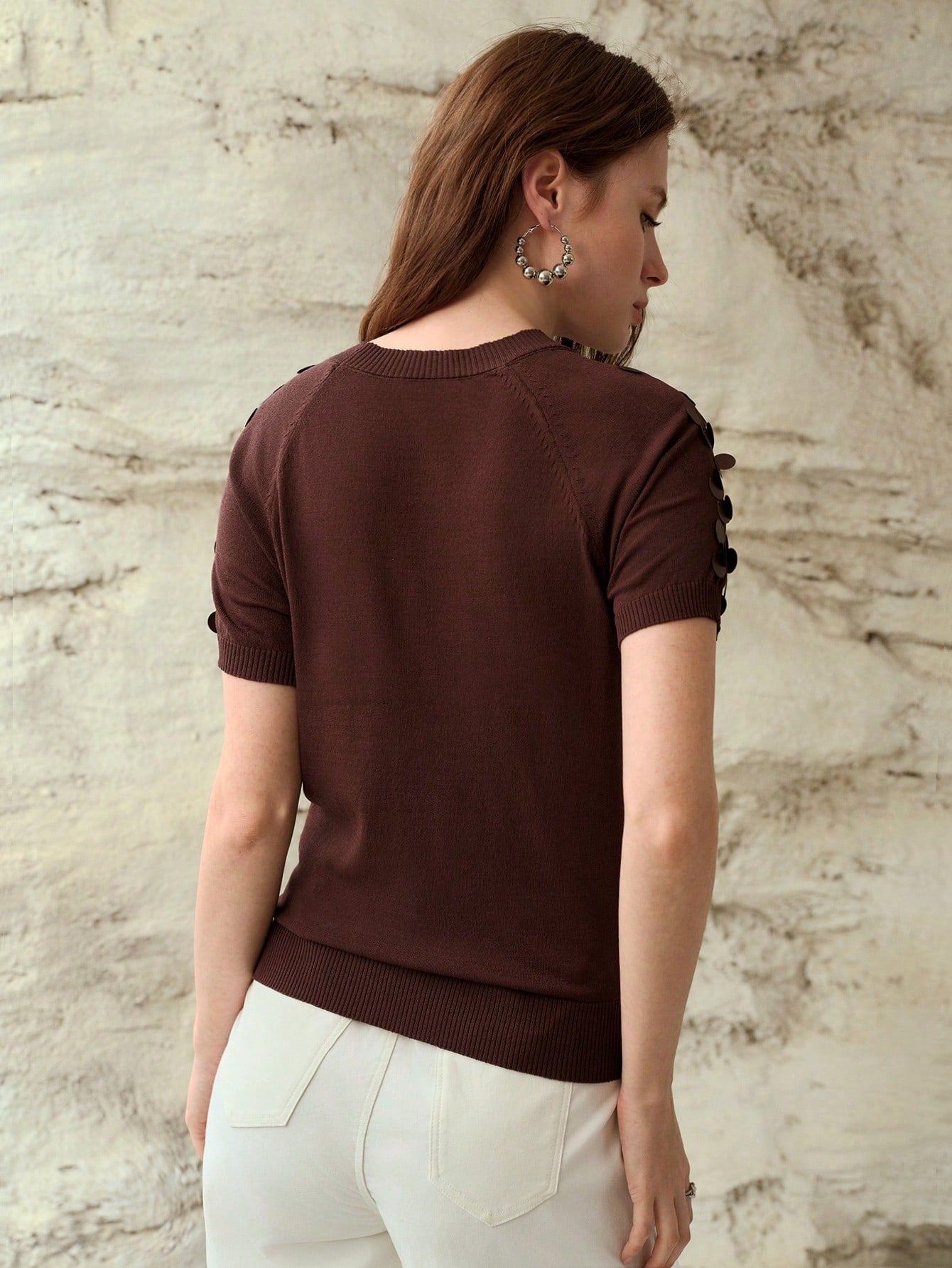CM-TS429087 Women Elegant Seoul Style Round Neck Short Sleeve Sequin Embellished Knit Pullover Top - Coffee Brown
