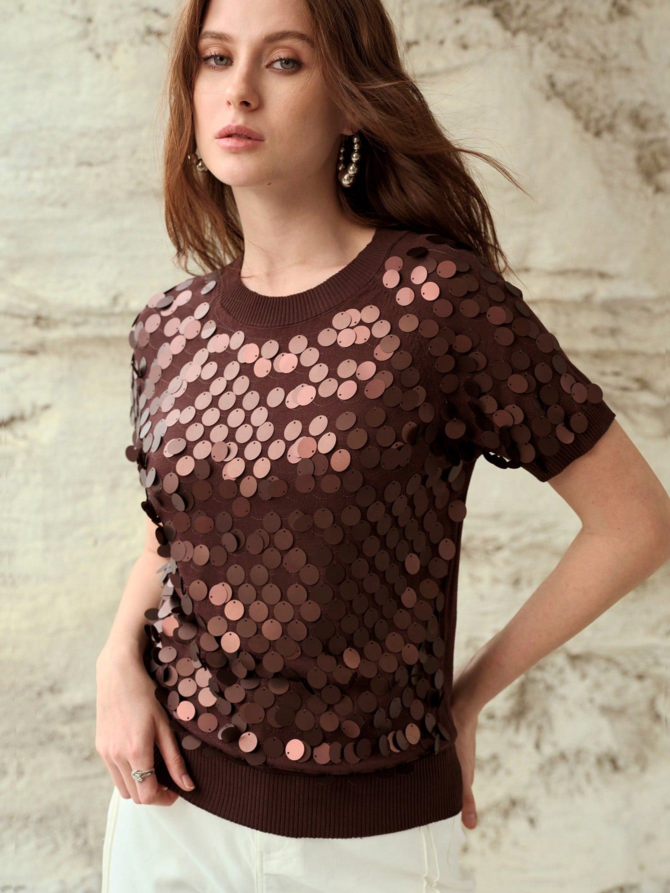 CM-TS429087 Women Elegant Seoul Style Round Neck Short Sleeve Sequin Embellished Knit Pullover Top - Coffee Brown