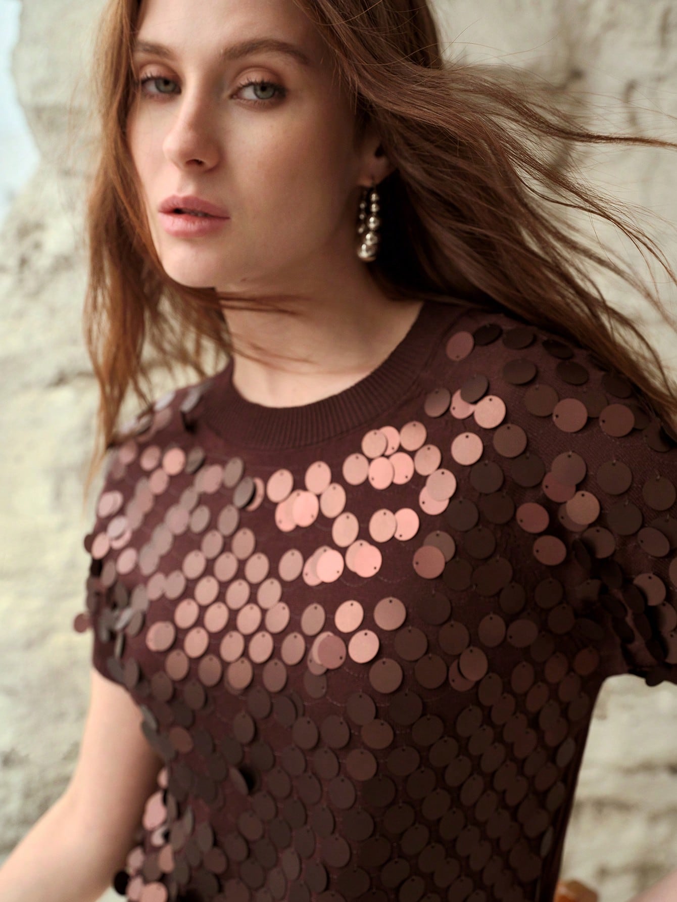 CM-TS429087 Women Elegant Seoul Style Round Neck Short Sleeve Sequin Embellished Knit Pullover Top - Coffee Brown