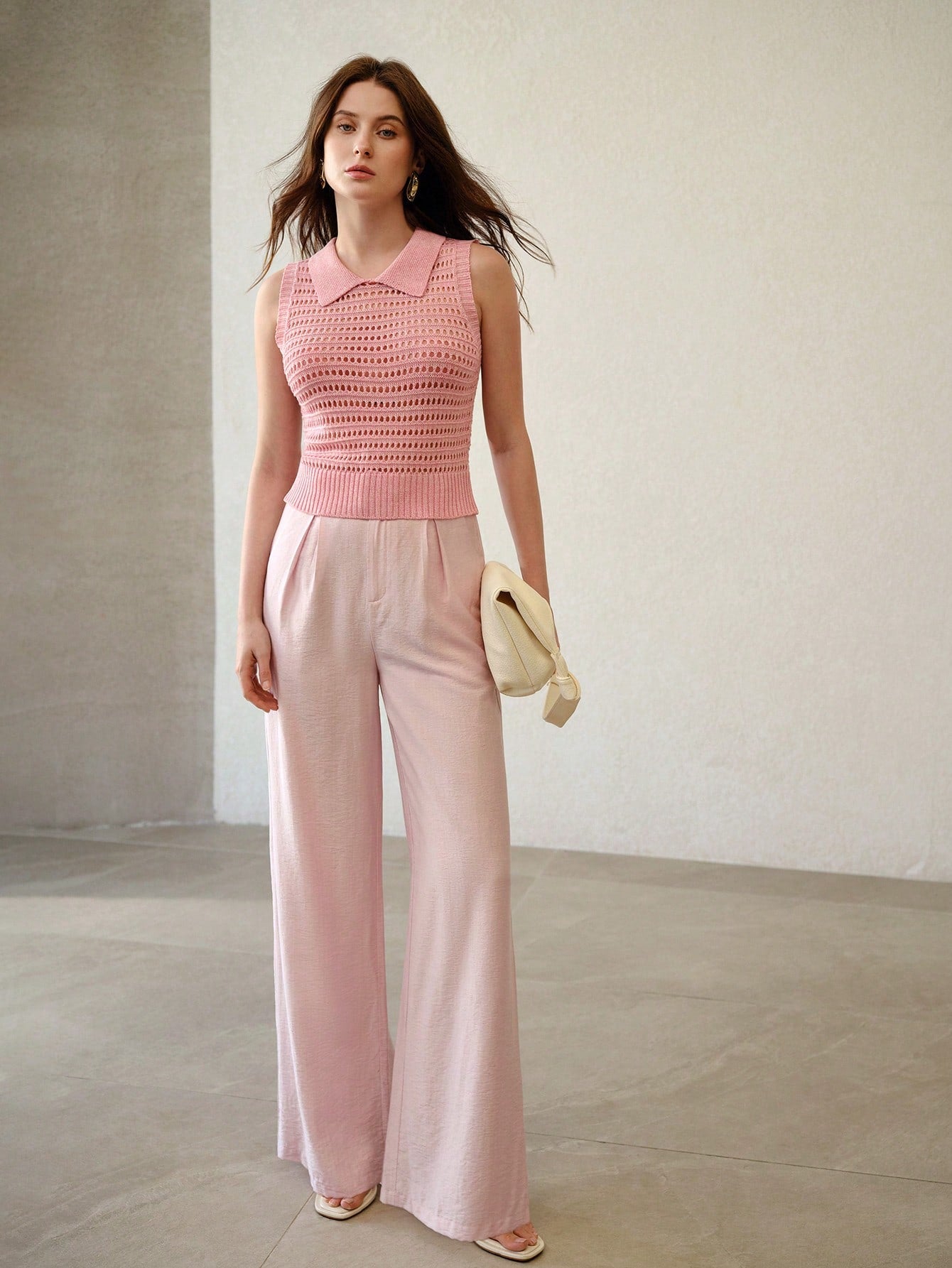 CM-BS136163 Women Elegant Seoul Style Linen Buckle Waistband Wide Leg Pants - Pink