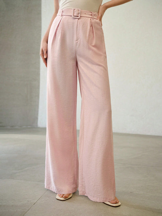CM-BS136163 Women Elegant Seoul Style Linen Buckle Waistband Wide Leg Pants - Pink