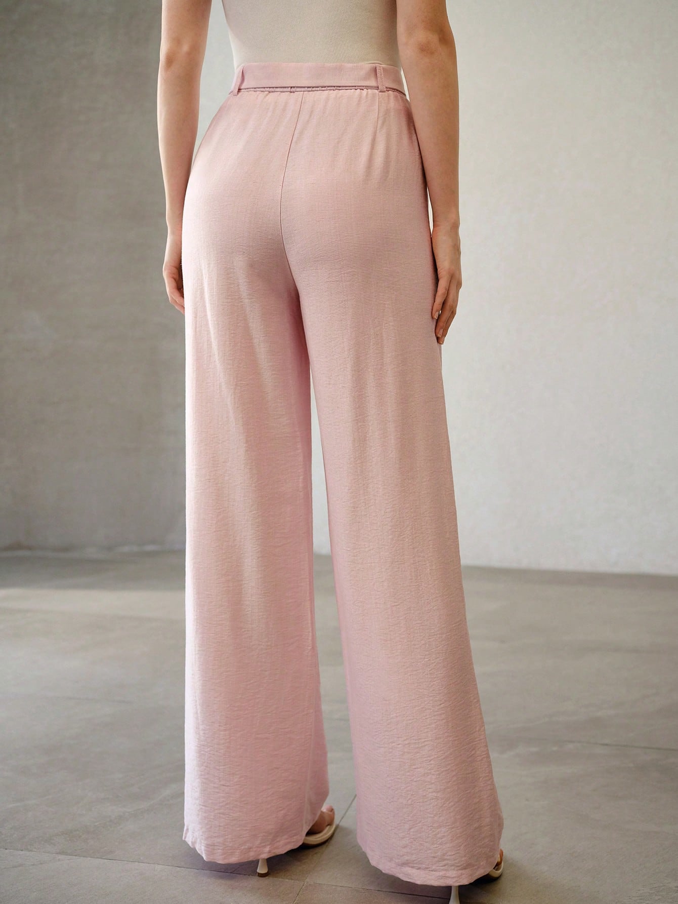 CM-BS136163 Women Elegant Seoul Style Linen Buckle Waistband Wide Leg Pants - Pink