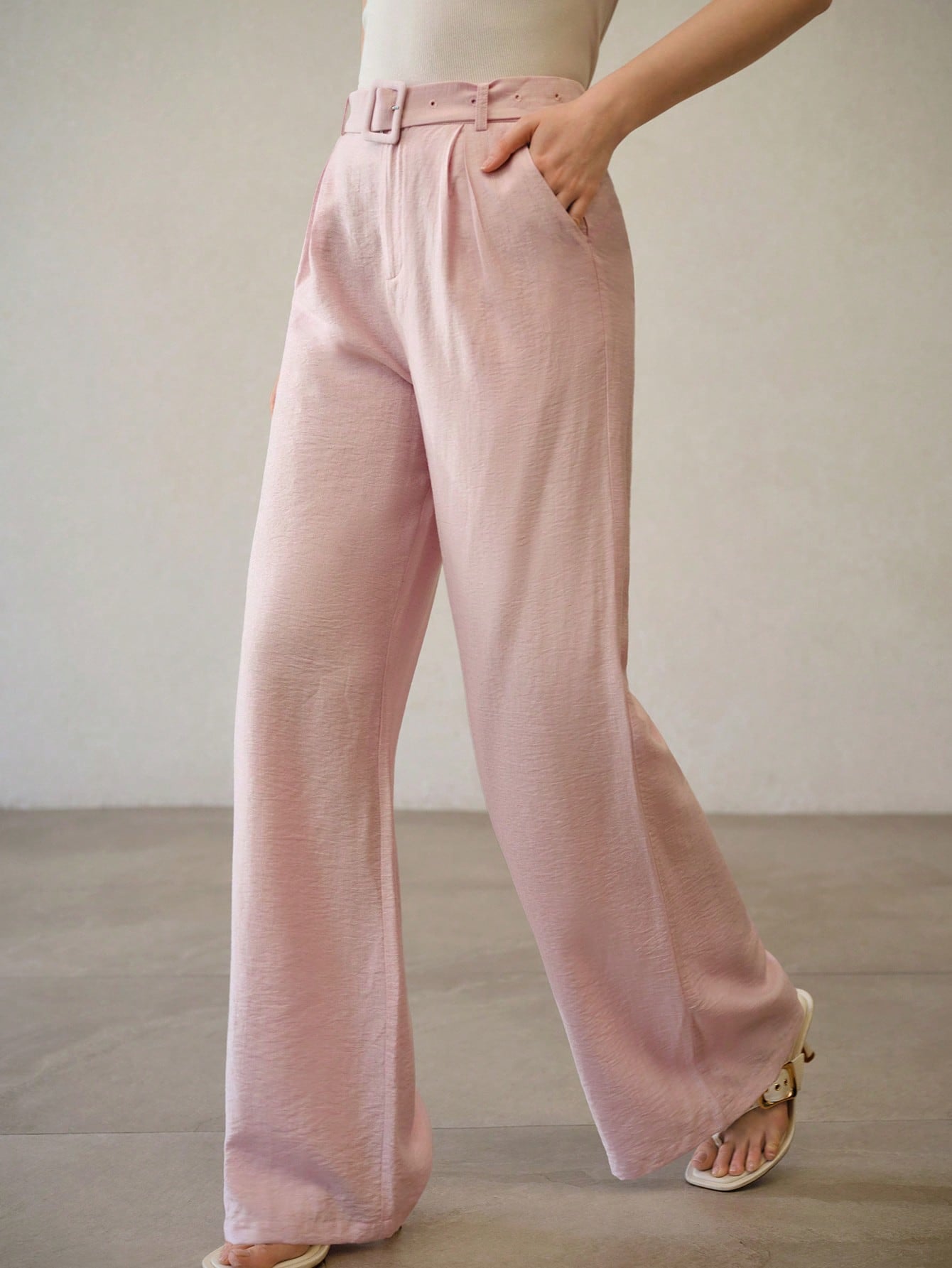 CM-BS136163 Women Elegant Seoul Style Linen Buckle Waistband Wide Leg Pants - Pink