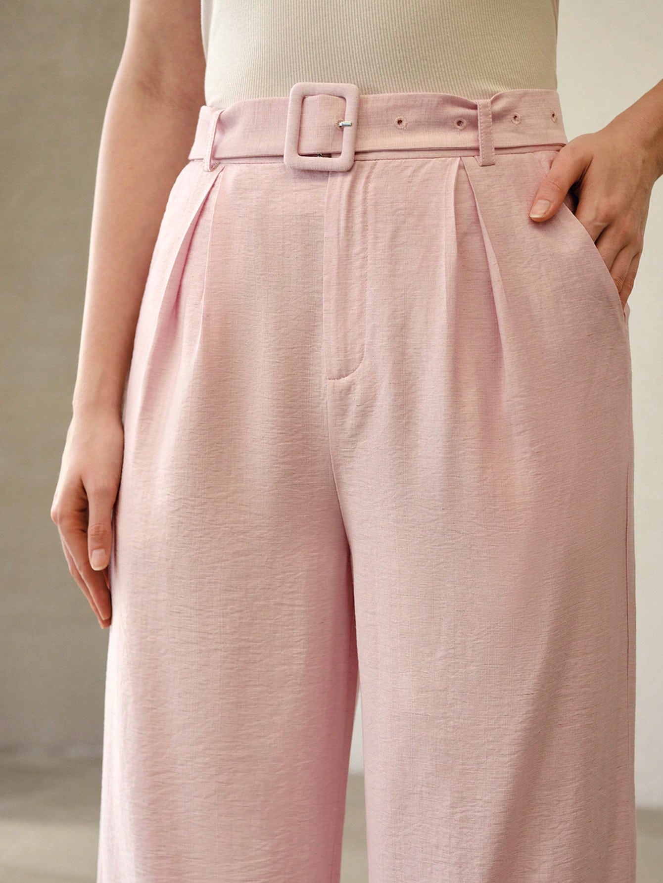 CM-BS136163 Women Elegant Seoul Style Linen Buckle Waistband Wide Leg Pants - Pink
