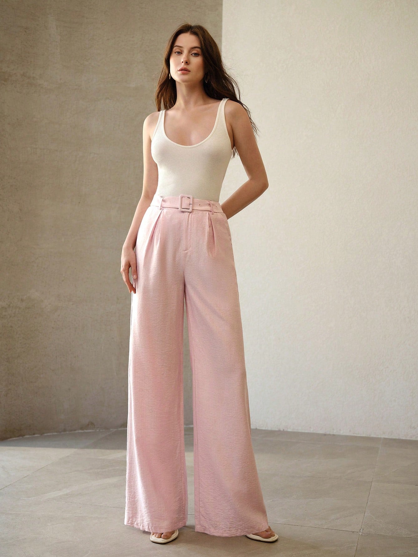 CM-BS136163 Women Elegant Seoul Style Linen Buckle Waistband Wide Leg Pants - Pink