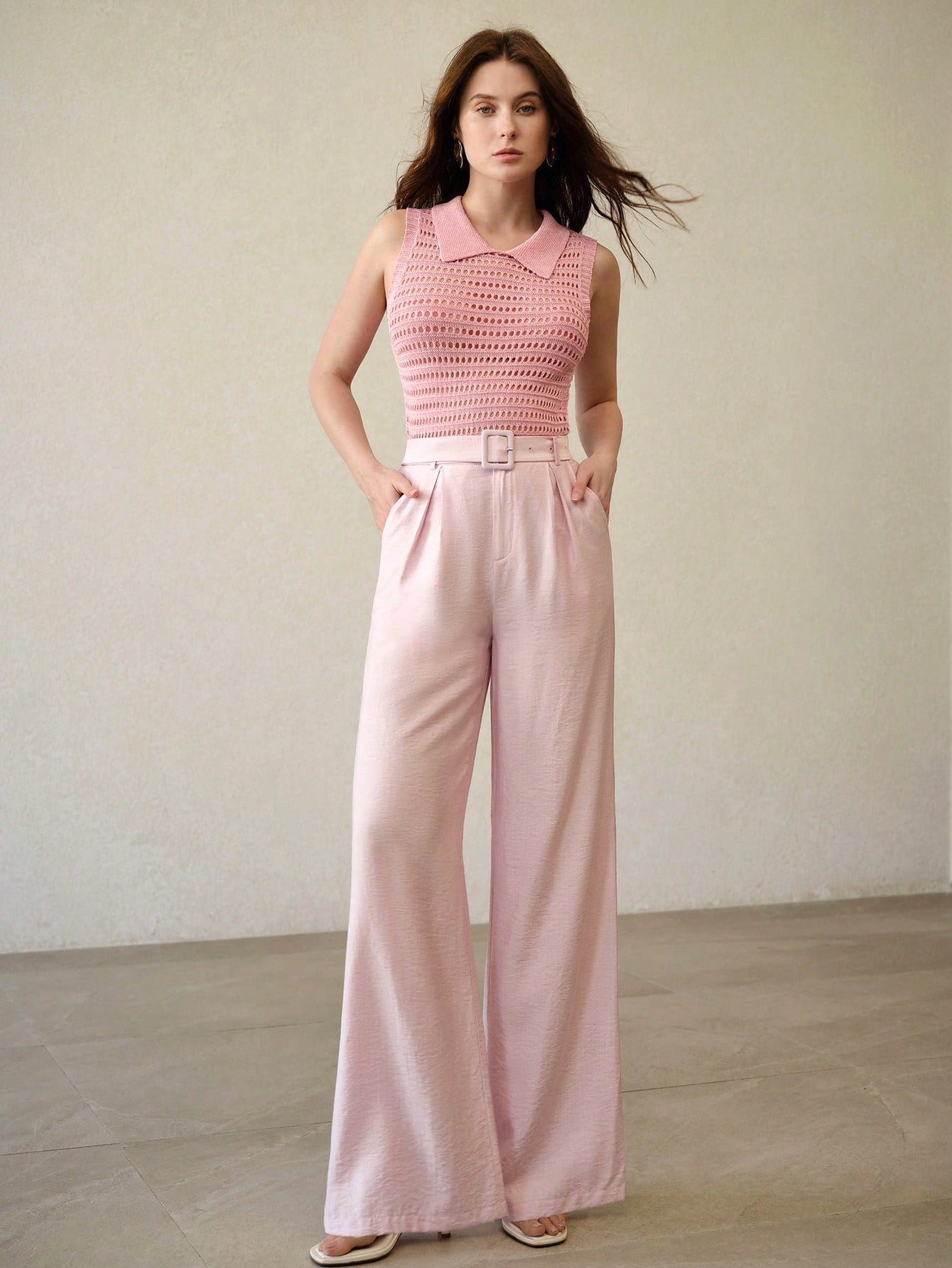 CM-BS136163 Women Elegant Seoul Style Linen Buckle Waistband Wide Leg Pants - Pink