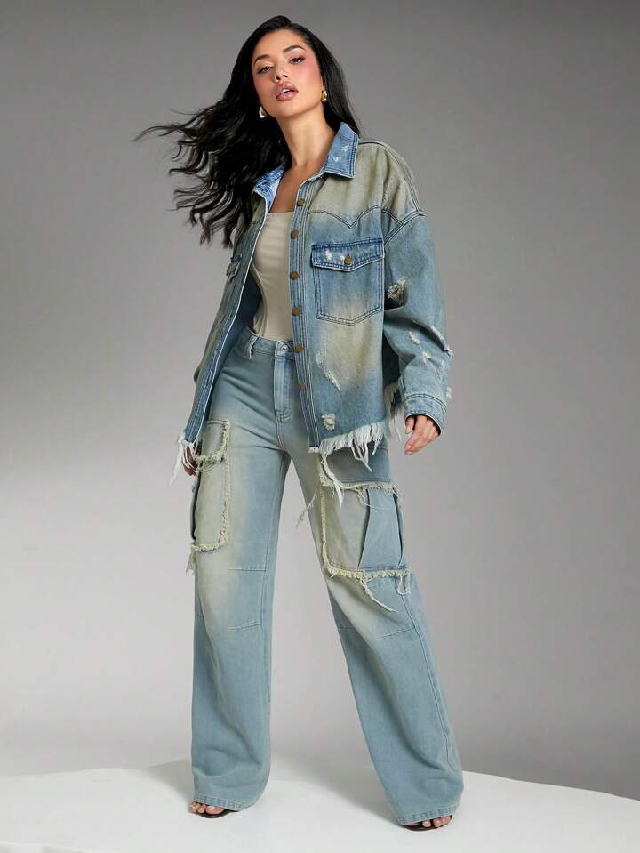 CM-CS982285 Women Casual Seoul Style Medium Wash Collar Neckline Long Sleeve Tinted Ripped Denim Jacket