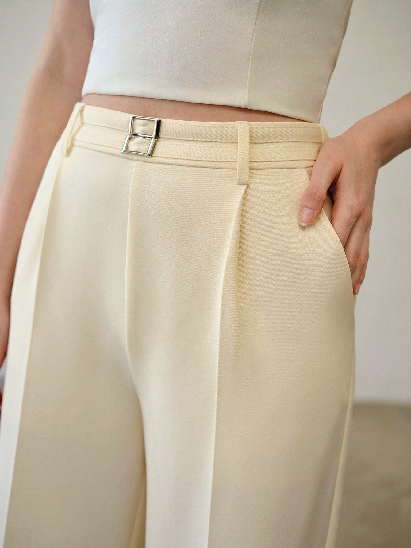 CM-BS062714 Women Elegant Seoul Style Minimalist Mid Waist Wide Leg Pants - Apricot