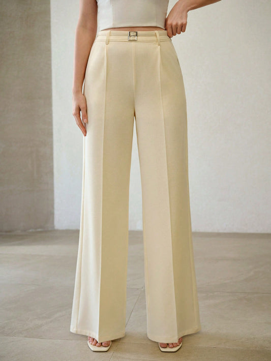 CM-BS062714 Women Elegant Seoul Style Minimalist Mid Waist Wide Leg Pants - Apricot
