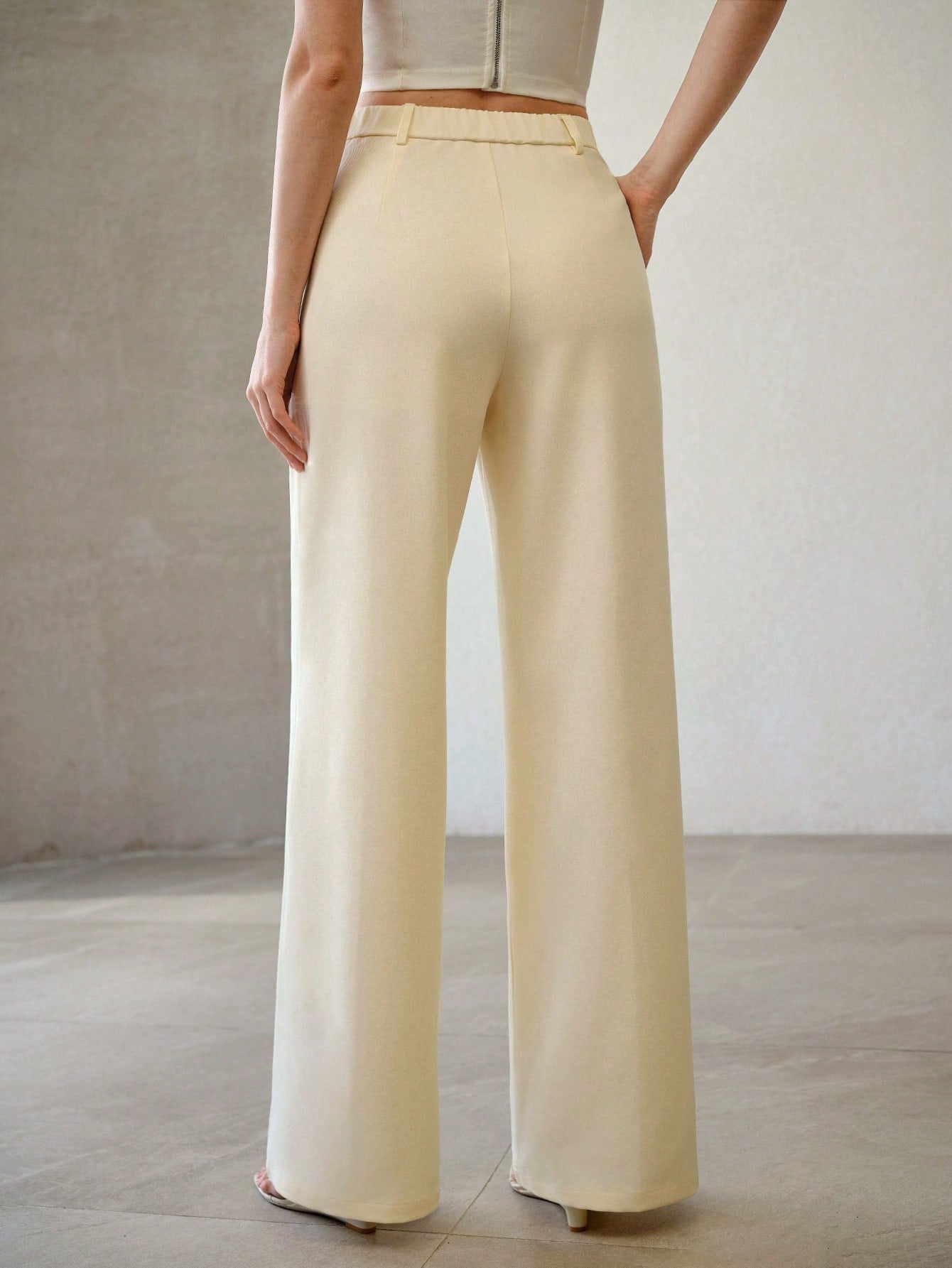 CM-BS062714 Women Elegant Seoul Style Minimalist Mid Waist Wide Leg Pants - Apricot