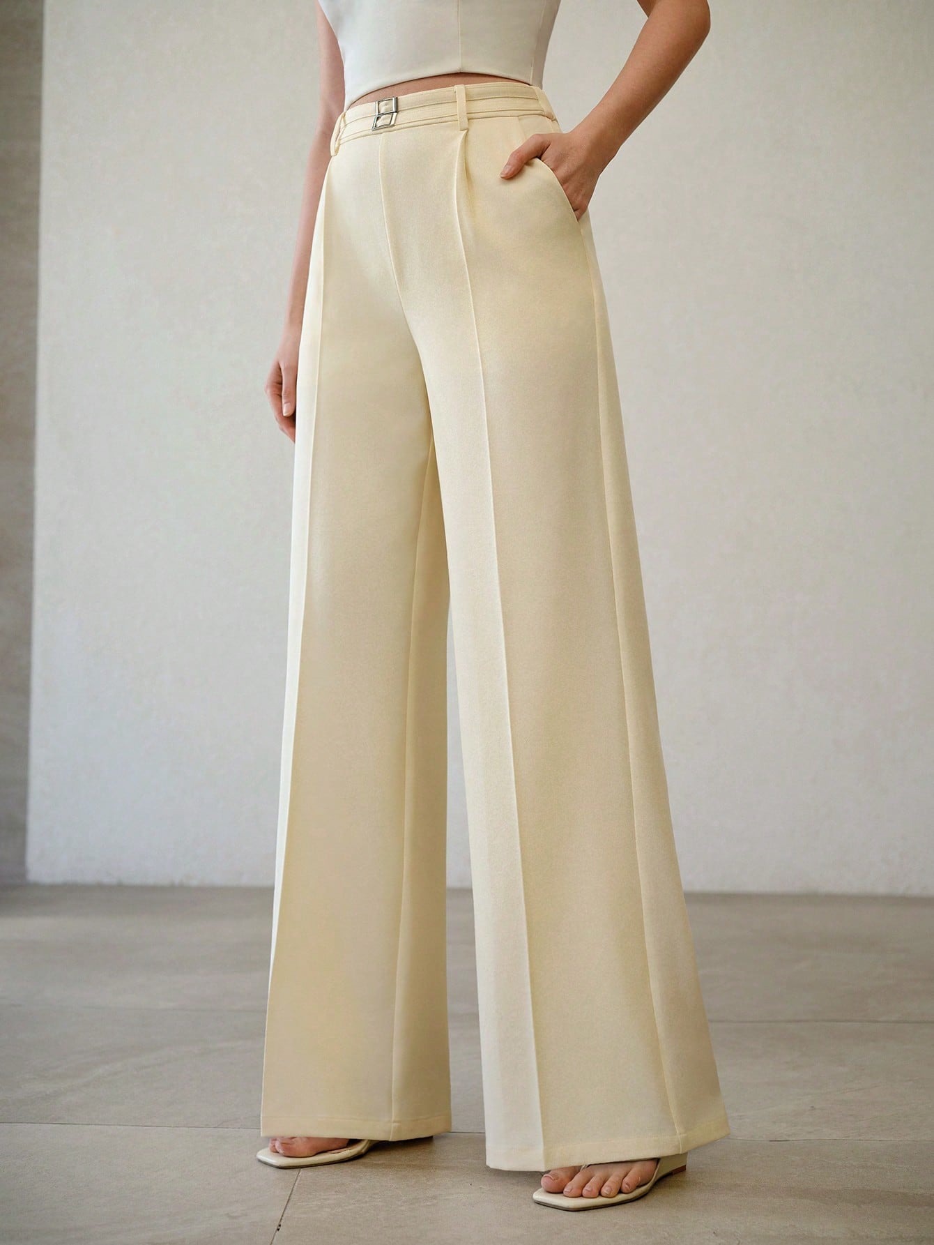CM-BS062714 Women Elegant Seoul Style Minimalist Mid Waist Wide Leg Pants - Apricot