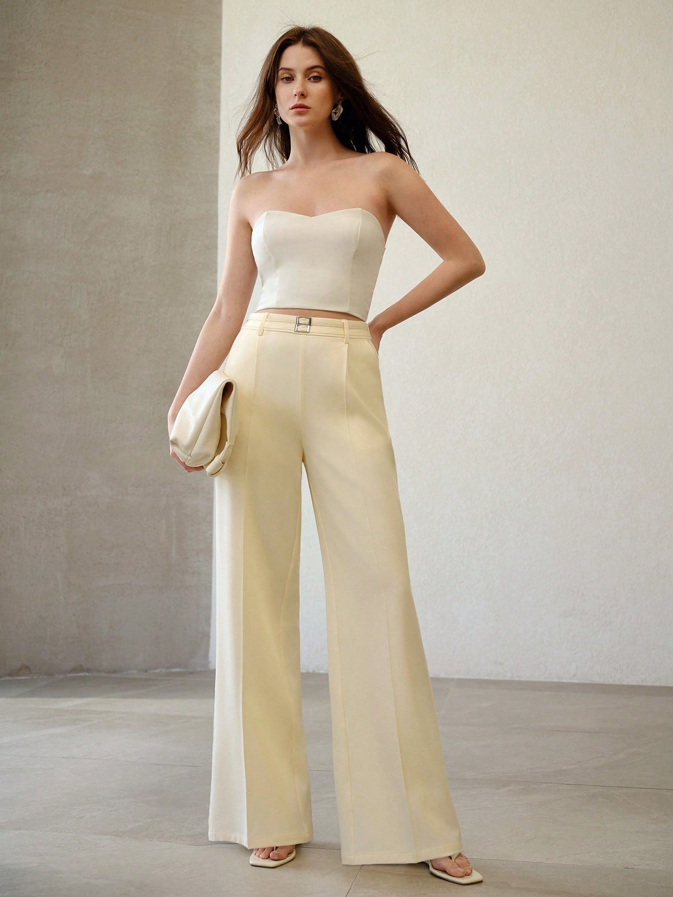 CM-BS062714 Women Elegant Seoul Style Minimalist Mid Waist Wide Leg Pants - Apricot