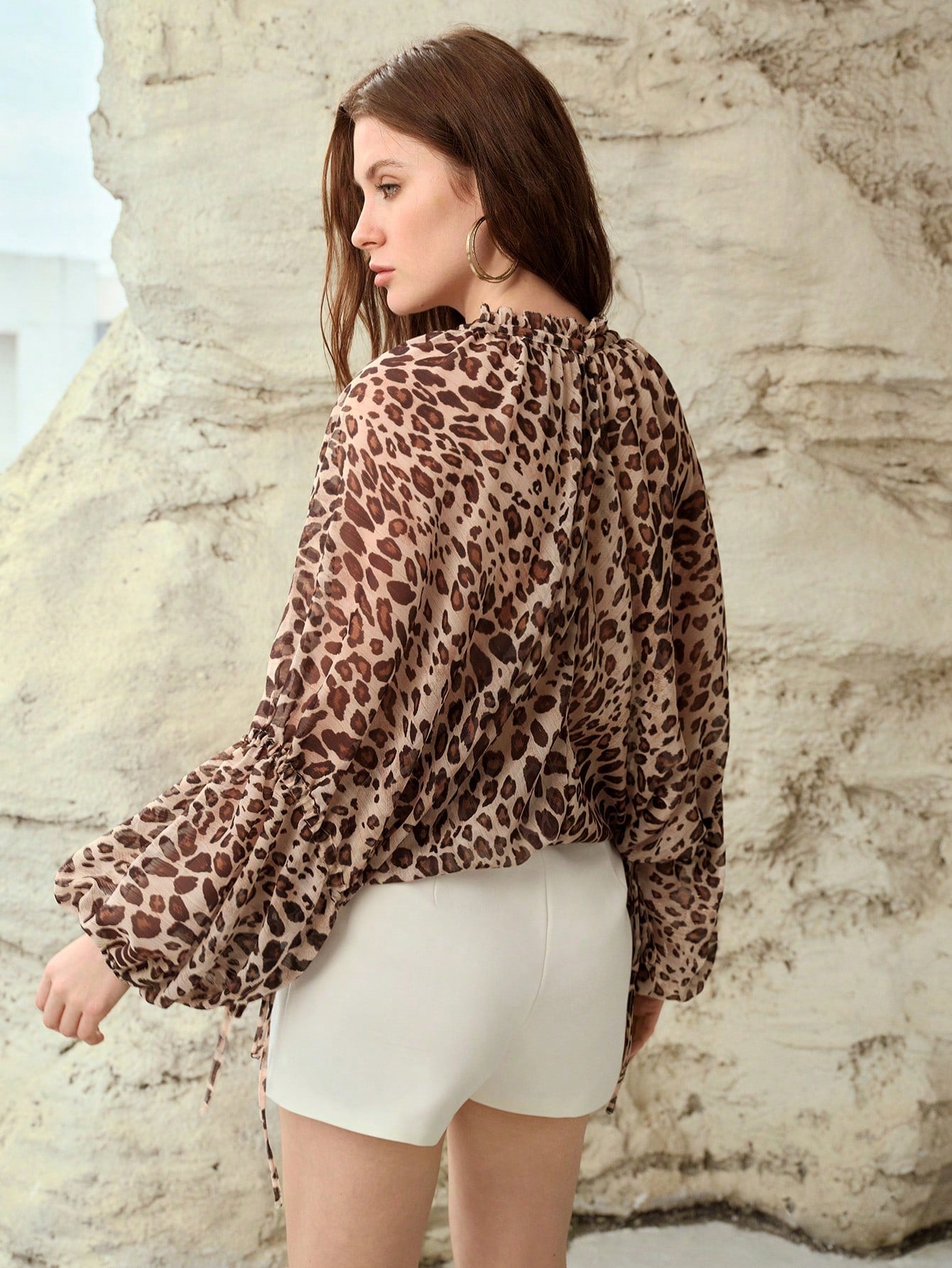 CM-TS153538 Women Casual Seoul Style Leopard Print V-Neck Extra Long Sleeve Loose Pullover Top - Brown