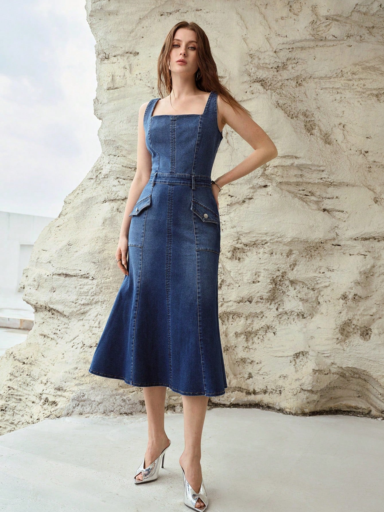 CM-DS891372 Women Elegant Seoul Style Medium Wash Sleeveless High Waist Midi Denim Dress