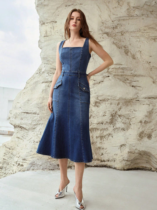 CM-DS891372 Women Elegant Seoul Style Medium Wash Sleeveless High Waist Midi Denim Dress
