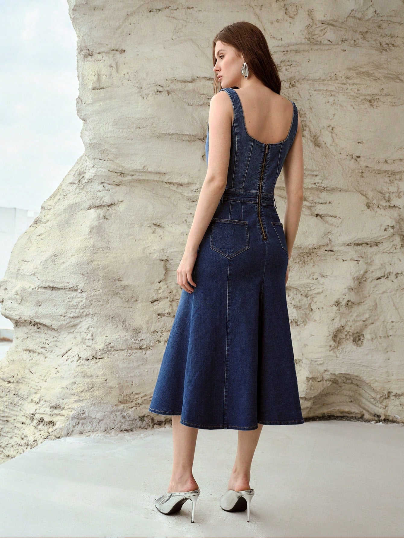 CM-DS891372 Women Elegant Seoul Style Medium Wash Sleeveless High Waist Midi Denim Dress