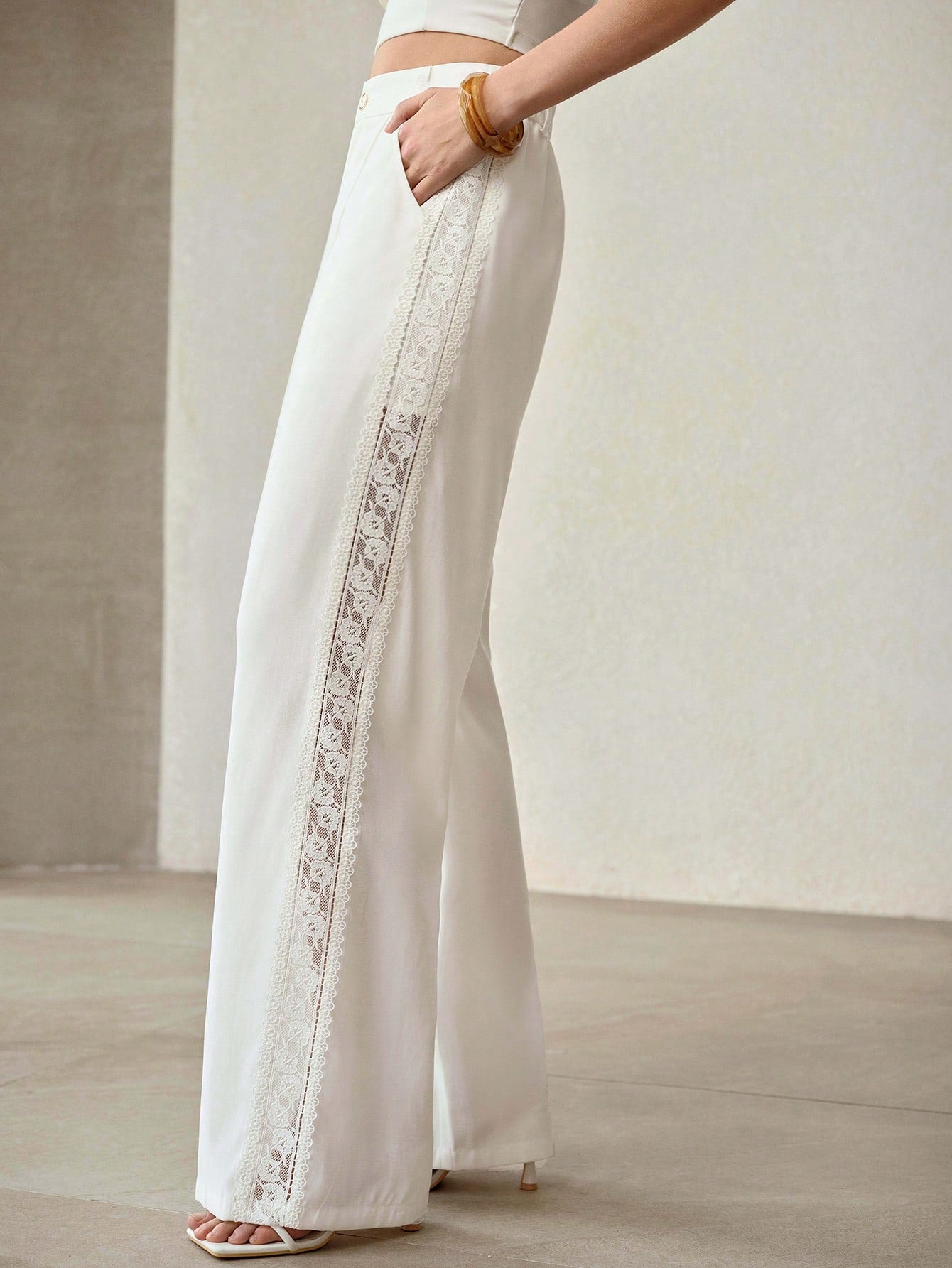 CM-BS064100 Women Elegant Seoul Style High Waist Lace Hollow Wide Leg Pants - White