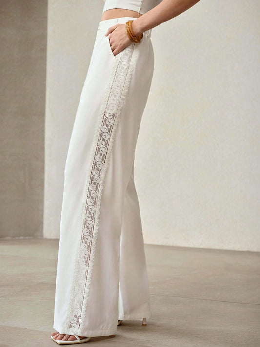 CM-BS064100 Women Elegant Seoul Style High Waist Lace Hollow Wide Leg Pants - White