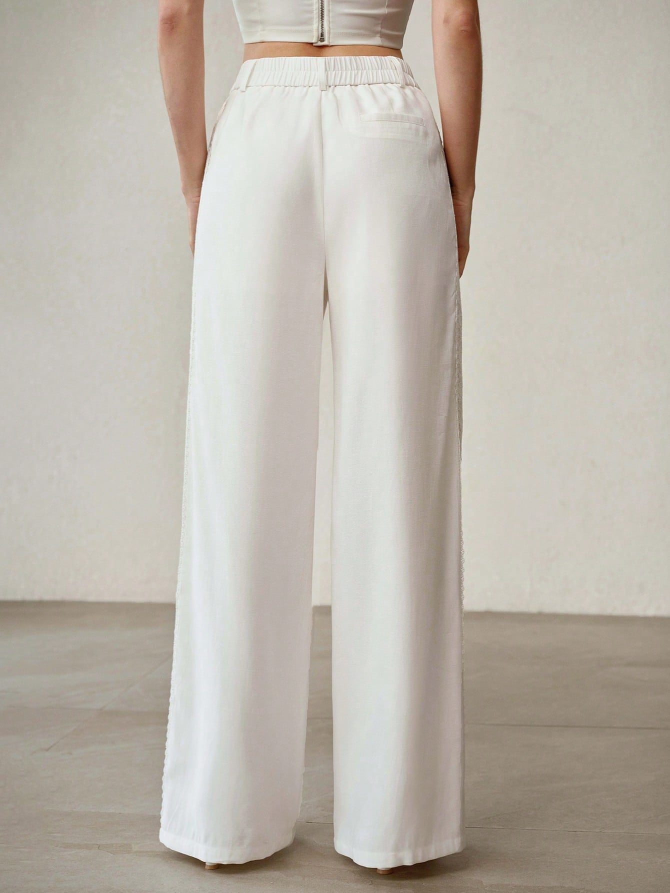 CM-BS064100 Women Elegant Seoul Style High Waist Lace Hollow Wide Leg Pants - White