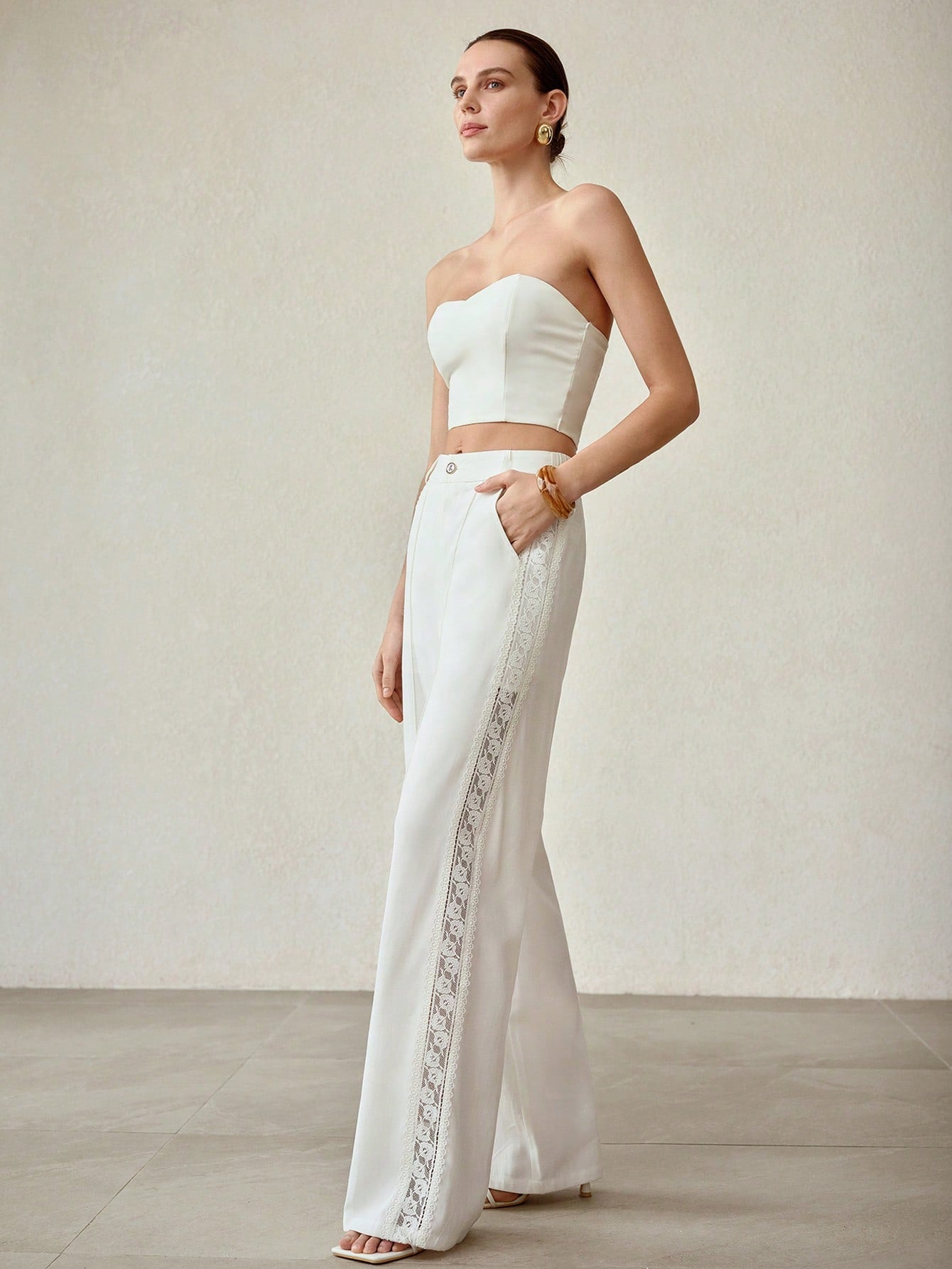 CM-BS064100 Women Elegant Seoul Style High Waist Lace Hollow Wide Leg Pants - White